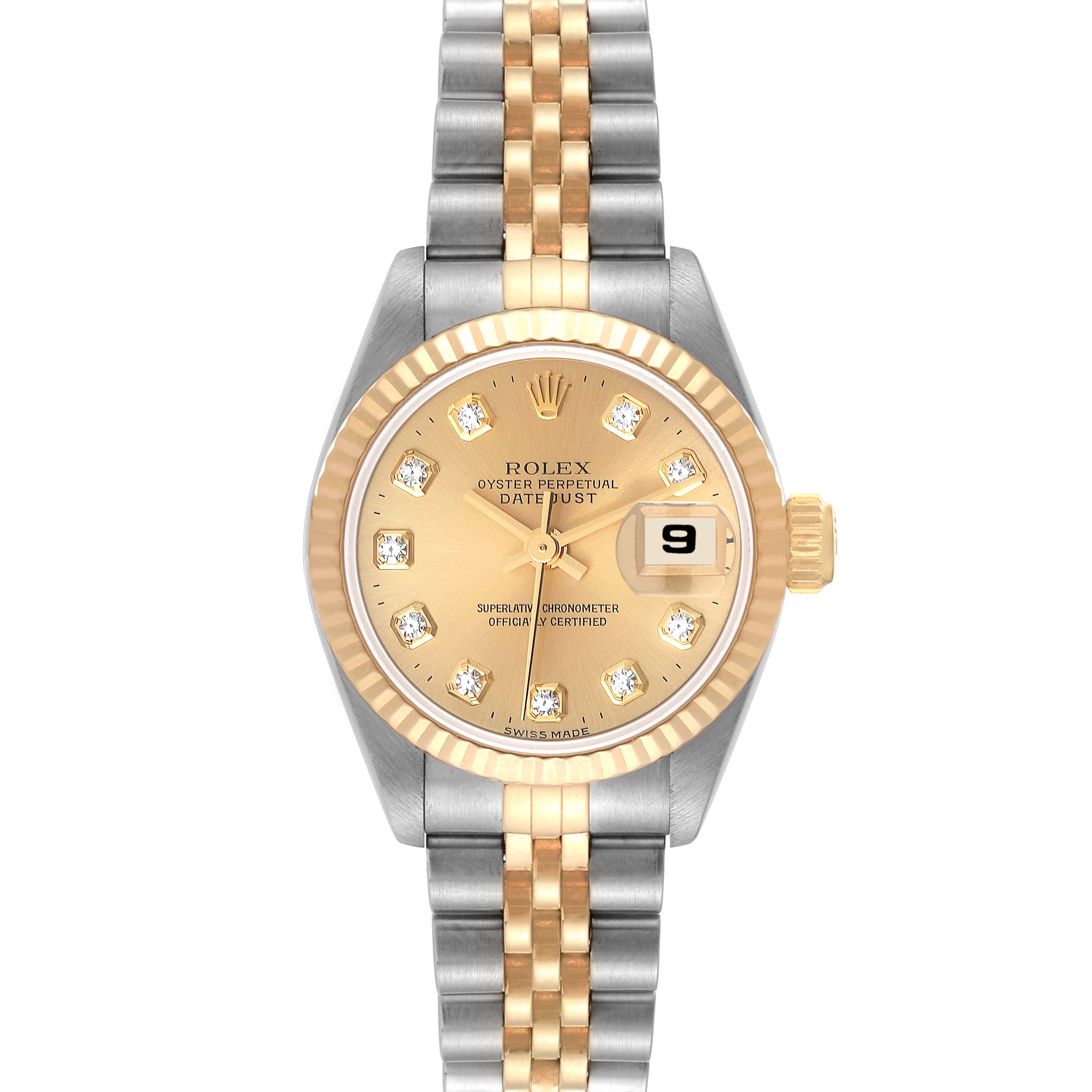 This is a front view of a Rolex Datejust 69173 Women's Steel and Gold (two tone) Champagne Dial 69173 Women's Steel and Gold (two tone) Champagne Dial watch, showcasing its dial, date window, and two-tone bracelet.