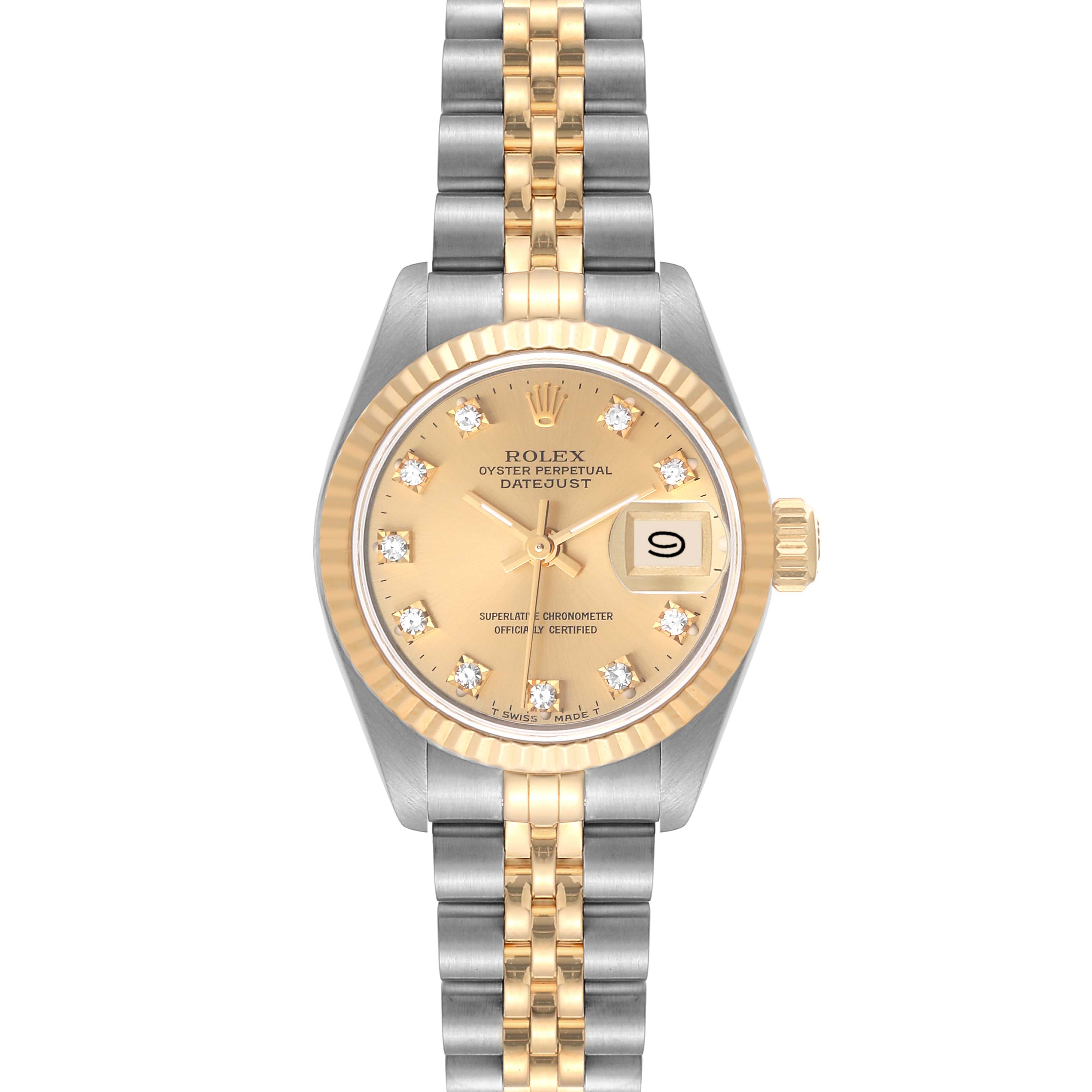 The image shows a front view of a Rolex Datejust 69173 Women's Steel and Gold (two tone) Champagne Dial 69173 Women's Steel and Gold (two tone) Champagne Dial watch, featuring a gold and silver bracelet, gold bezel, and diamond hour markers.