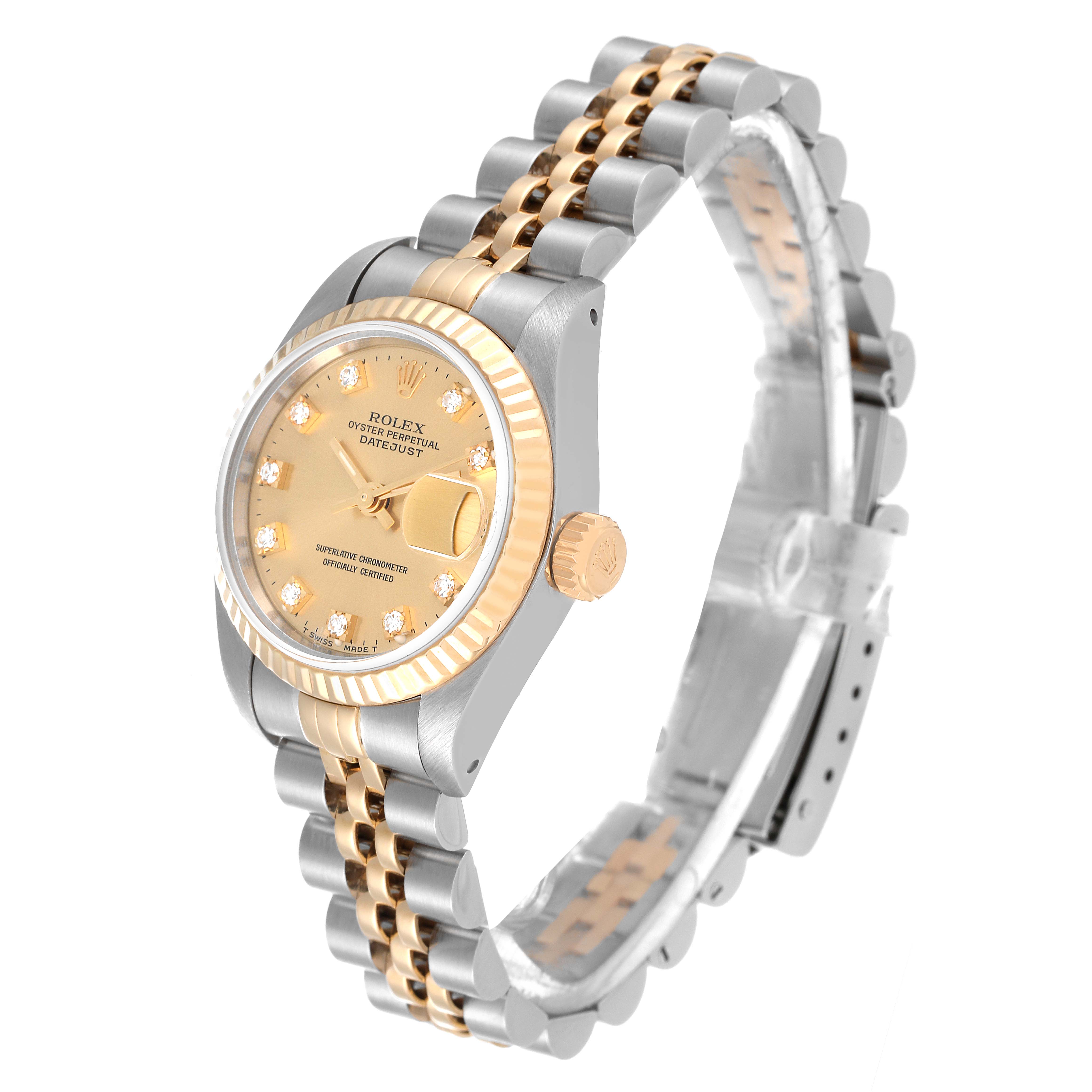 The Rolex Datejust 69173 Women's Steel and Gold (two tone) Champagne Dial 69173 Women's Steel and Gold (two tone) Champagne Dial watch is shown at a slight angle, highlighting its dial, bezel, crown, and two-tone bracelet.