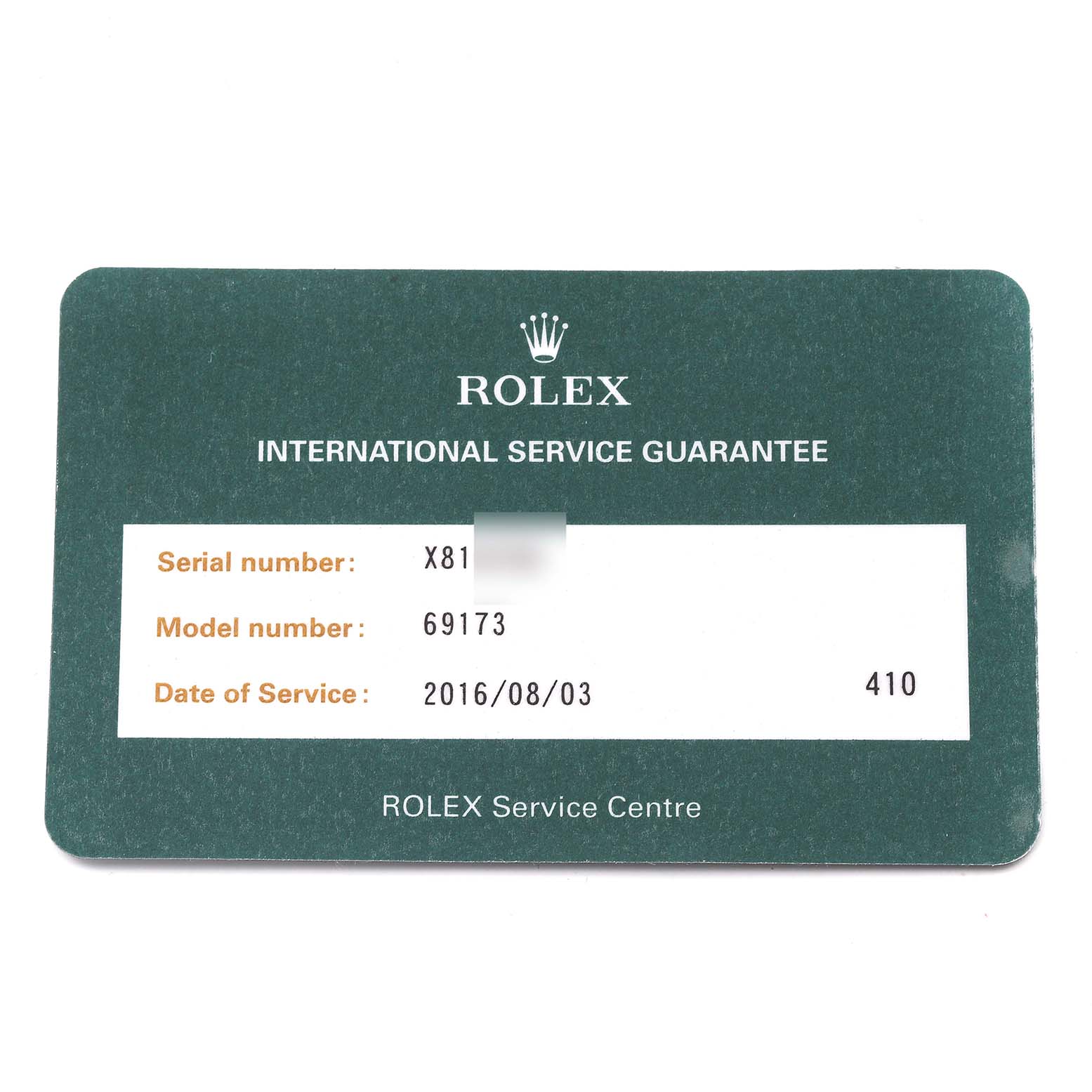 The image shows a Rolex Datejust 69173 Women's Steel and Gold (two tone) Champagne Dial 69173 Women's Steel and Gold (two tone) Champagne Dial International Service Guarantee card with details like serial number, model number, and service date.