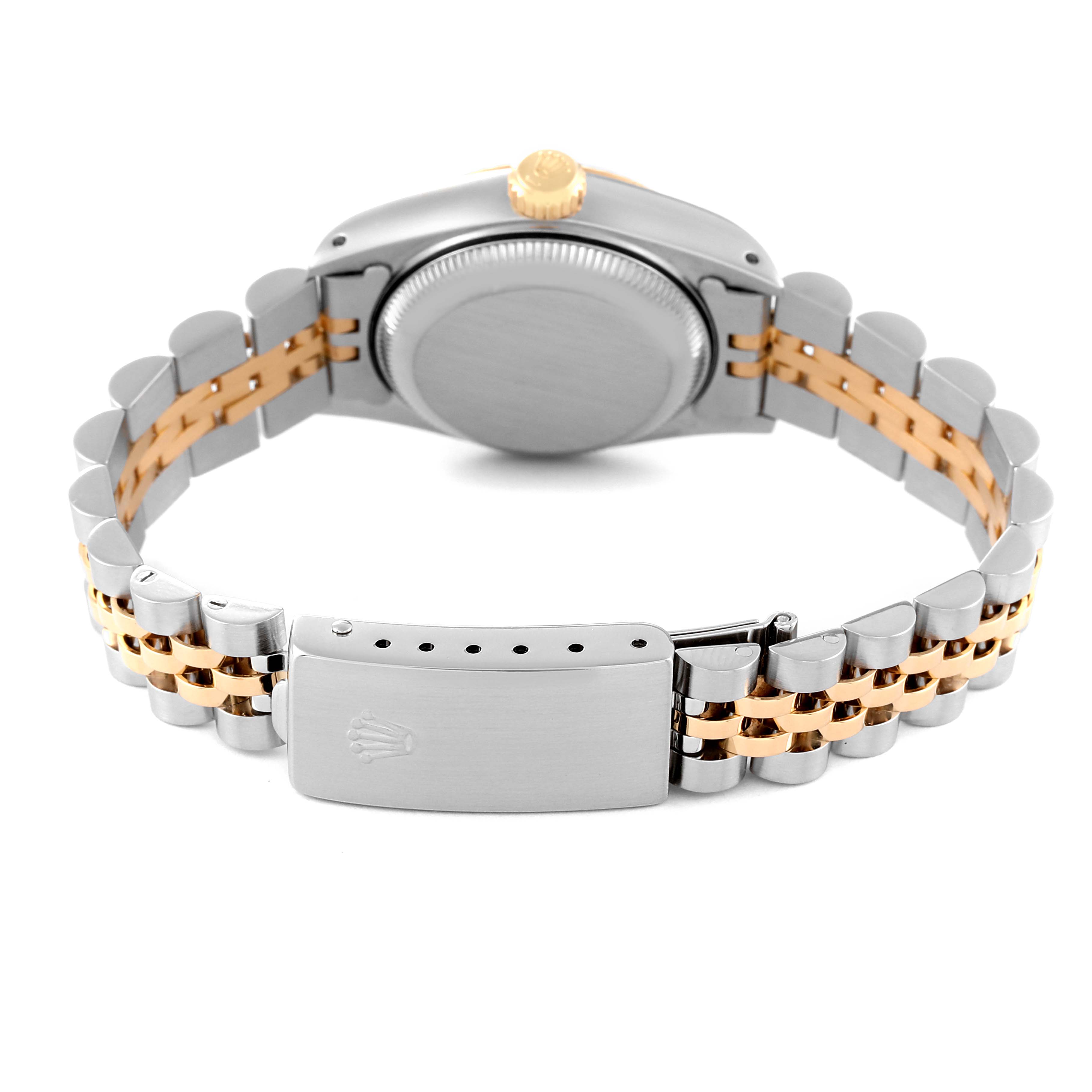 The image shows the back view of a Rolex Datejust 69173 Women's Steel and Gold (two tone) Champagne Dial 69173 Women's Steel and Gold (two tone) Champagne Dial watch, highlighting the clasp, case back, and two-tone bracelet.
