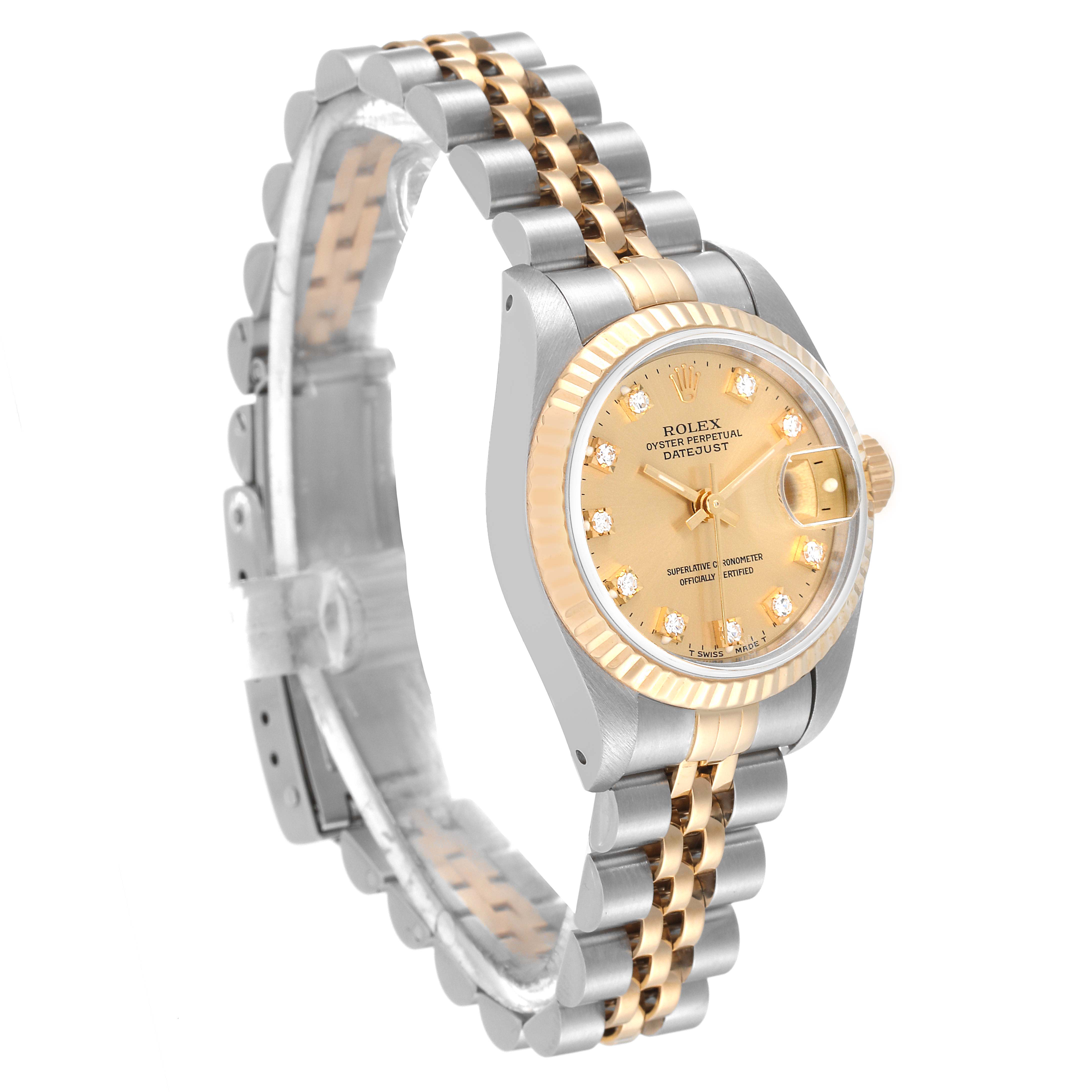 The image shows a Rolex Datejust 69173 Women's Steel and Gold (two tone) Champagne Dial 69173 Women's Steel and Gold (two tone) Champagne Dial model at an angle highlighting the face, bezel, and two-tone bracelet.