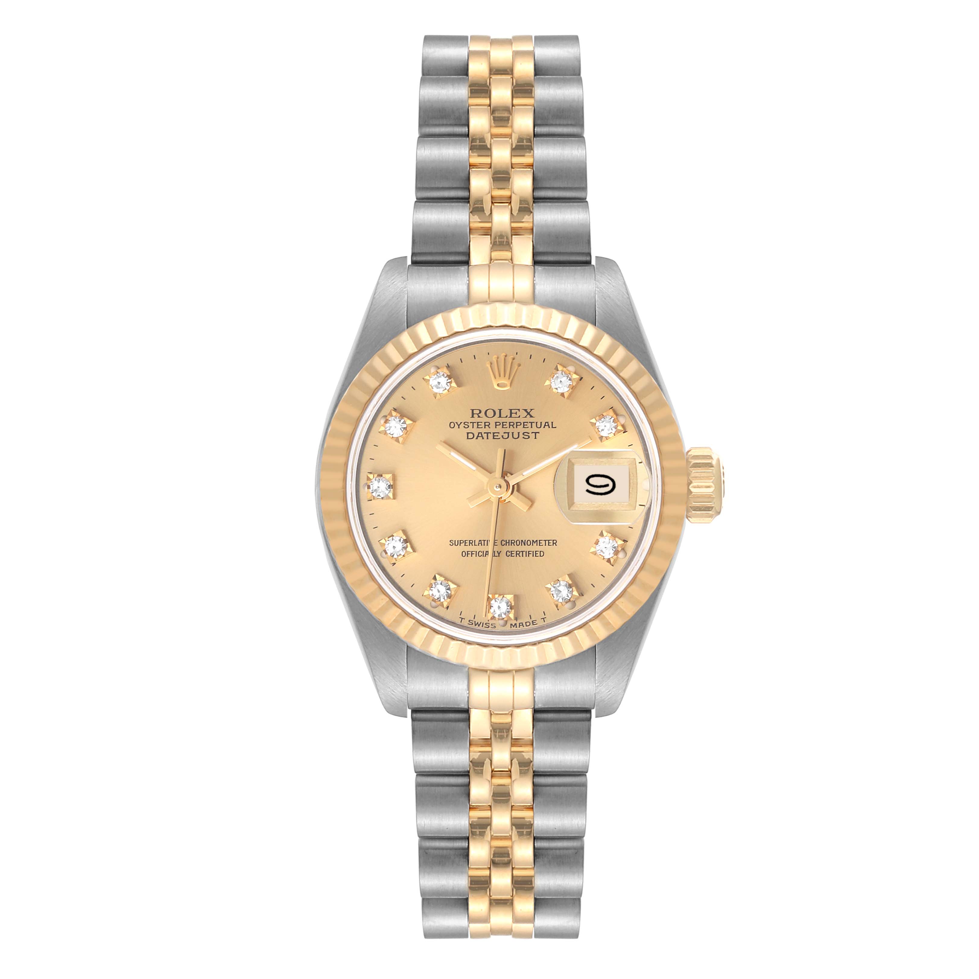 The image shows a Rolex Datejust 69173 Women's Steel and Gold (two tone) Champagne Dial 69173 Women's Steel and Gold (two tone) Champagne Dial model watch from a top-down angle, highlighting the dial, bezel, and bracelet.