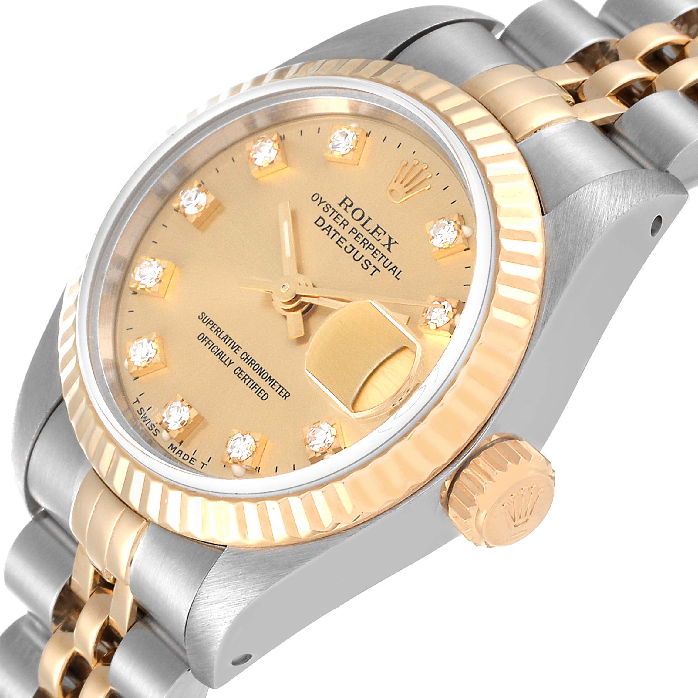 The image shows a close-up of the Rolex Datejust 69173 Women's Steel and Gold (two tone) Champagne Dial 69173 Women's Steel and Gold (two tone) Champagne Dial watch, highlighting the dial, bezel, crown, and part of the bracelet.