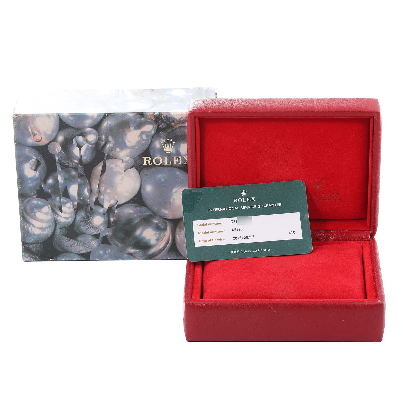 This image features a Rolex Datejust 69173 Women's Steel and Gold (two tone) Champagne Dial 69173 Women's Steel and Gold (two tone) Champagne Dial watch box, service guarantee card, and branded outer packaging.