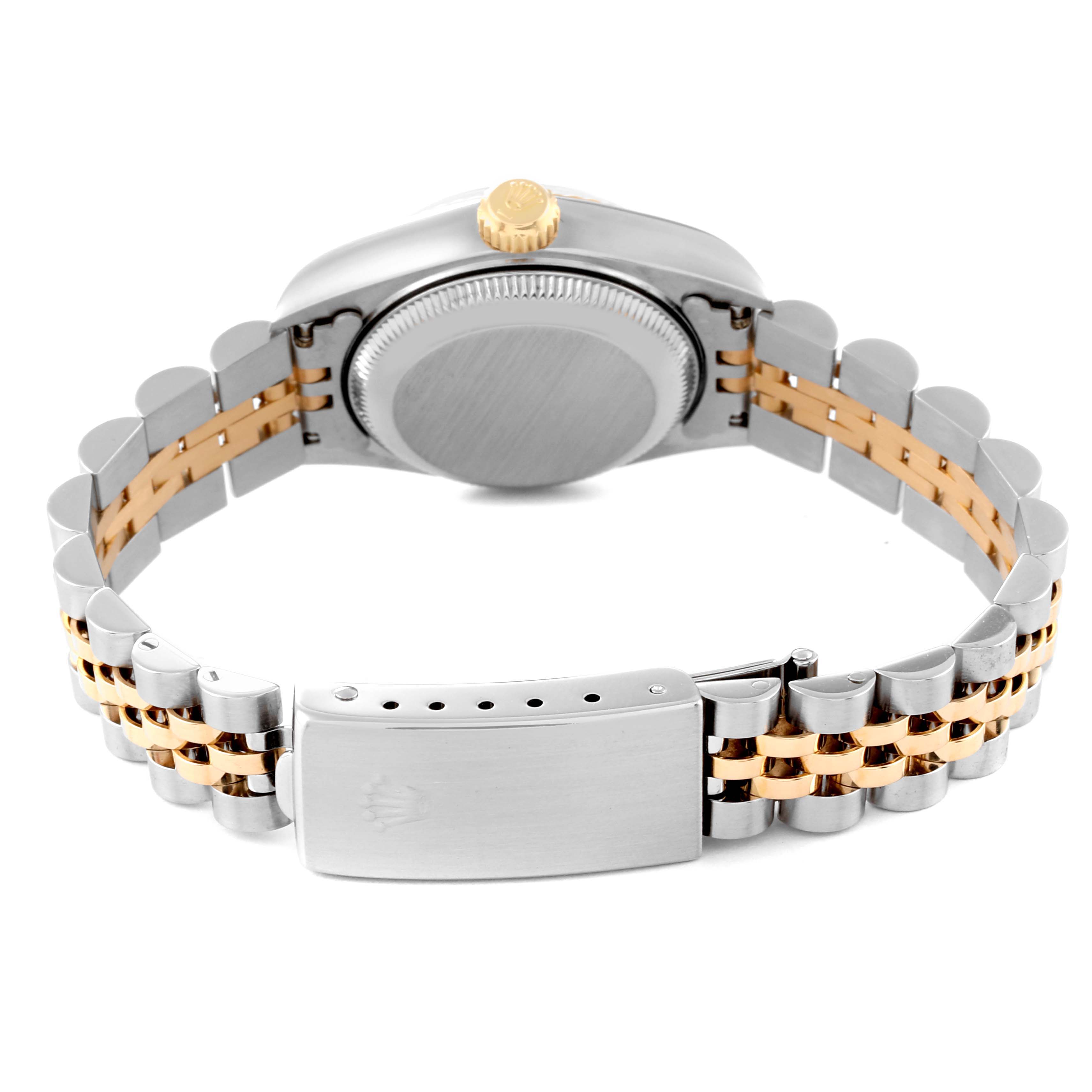 The image shows the back case, crown, and bracelet clasp of a Rolex Datejust 69173 Women's Steel and Gold (two tone) Beige Dial 69173 Women's Steel and Gold (two tone) Beige Dial watch at a rear angle.