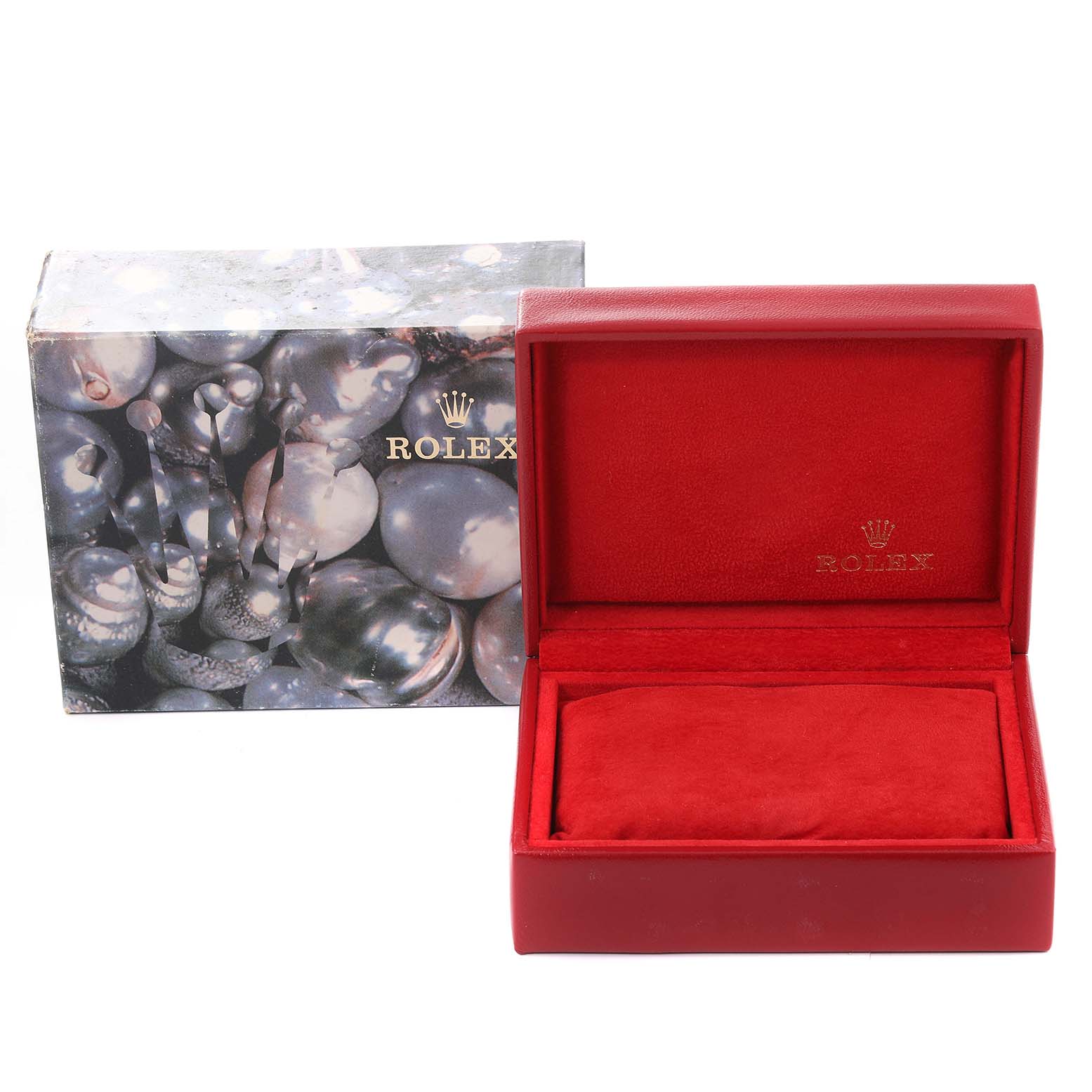 The image shows the open box and outer packaging for a Rolex Datejust 69173 Women's Steel and Gold (two tone) Beige Dial 69173 Women's Steel and Gold (two tone) Beige Dial watch, displaying its luxurious red interior.