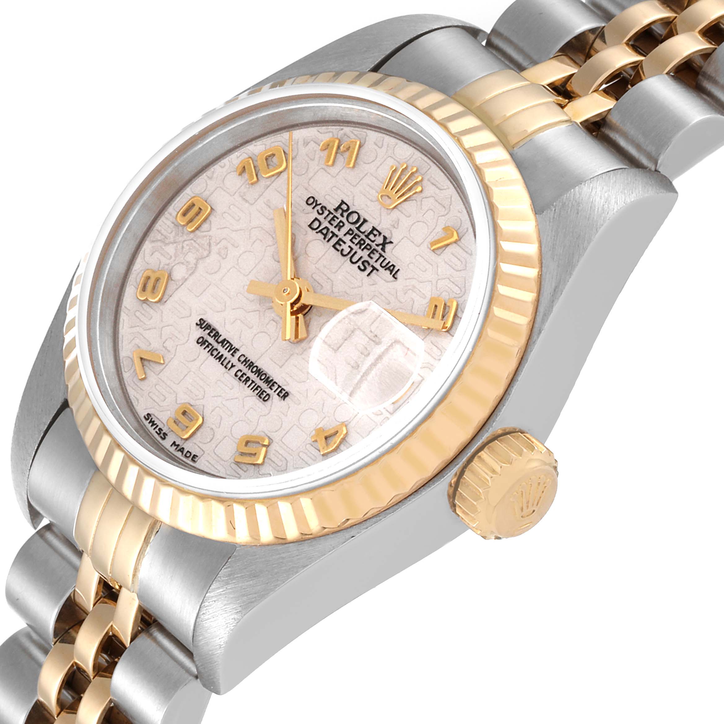The Rolex Datejust 69173 Women's Steel and Gold (two tone) Beige Dial 69173 Women's Steel and Gold (two tone) Beige Dial watch is shown at an angled close-up, highlighting the face, bezel, crown, and part of the bracelet.