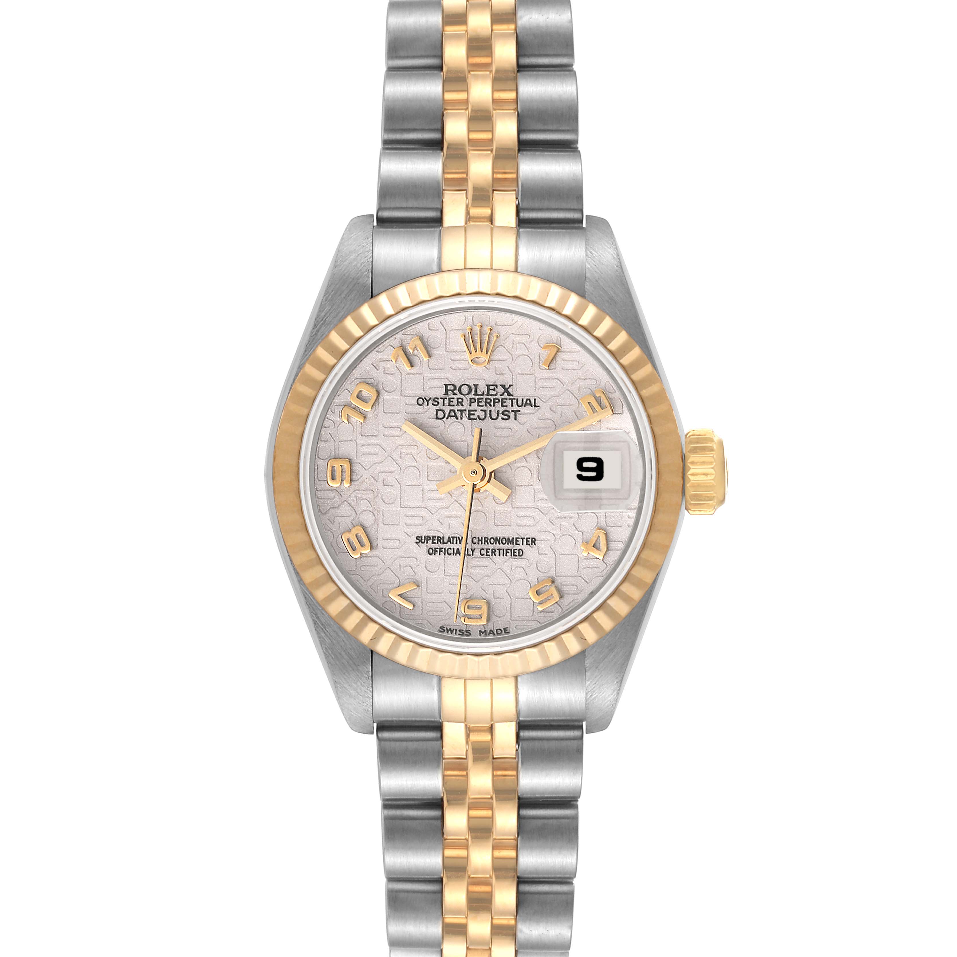 This image shows a front view of a Rolex Datejust 69173 Women's Steel and Gold (two tone) Beige Dial 69173 Women's Steel and Gold (two tone) Beige Dial watch, highlighting the face, bezel, and bracelet.