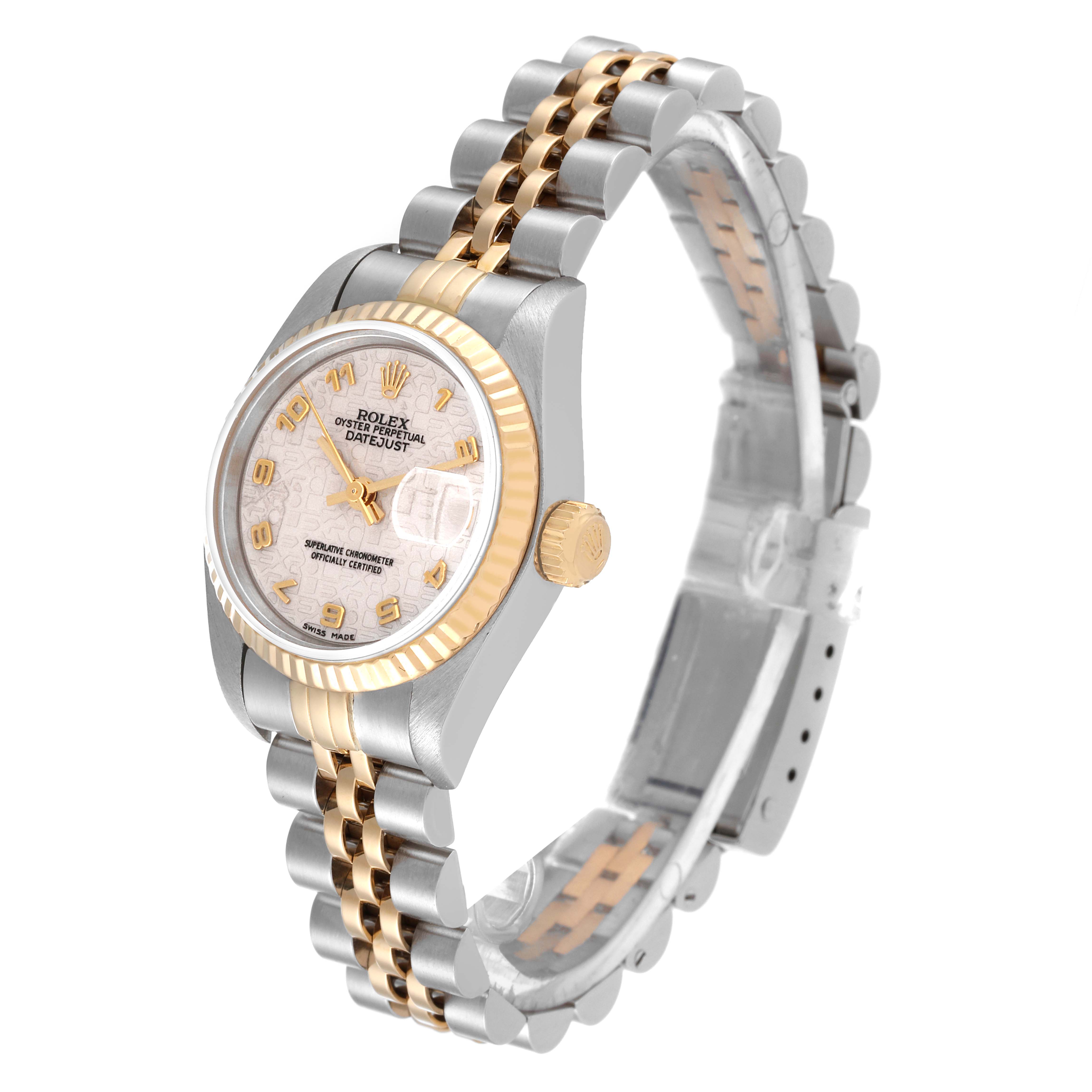 The image shows a Rolex Datejust 69173 Women's Steel and Gold (two tone) Beige Dial 69173 Women's Steel and Gold (two tone) Beige Dial model watch at a slight angle, displaying the face, bezel, crown, and bracelet.