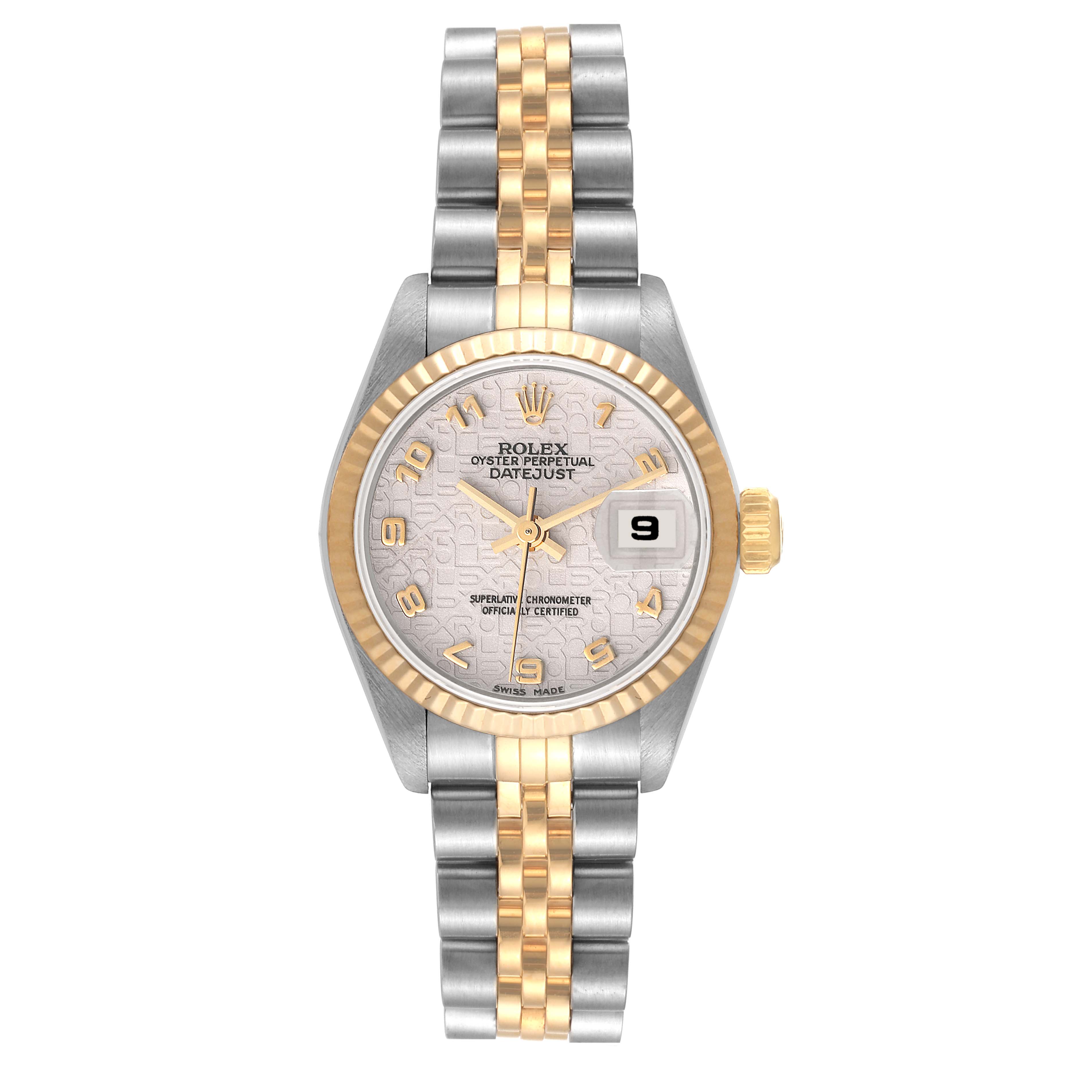 This image shows a front view of the Rolex Datejust 69173 Women's Steel and Gold (two tone) Beige Dial 69173 Women's Steel and Gold (two tone) Beige Dial watch, featuring its dial, bezel, crown, and Jubilee bracelet.