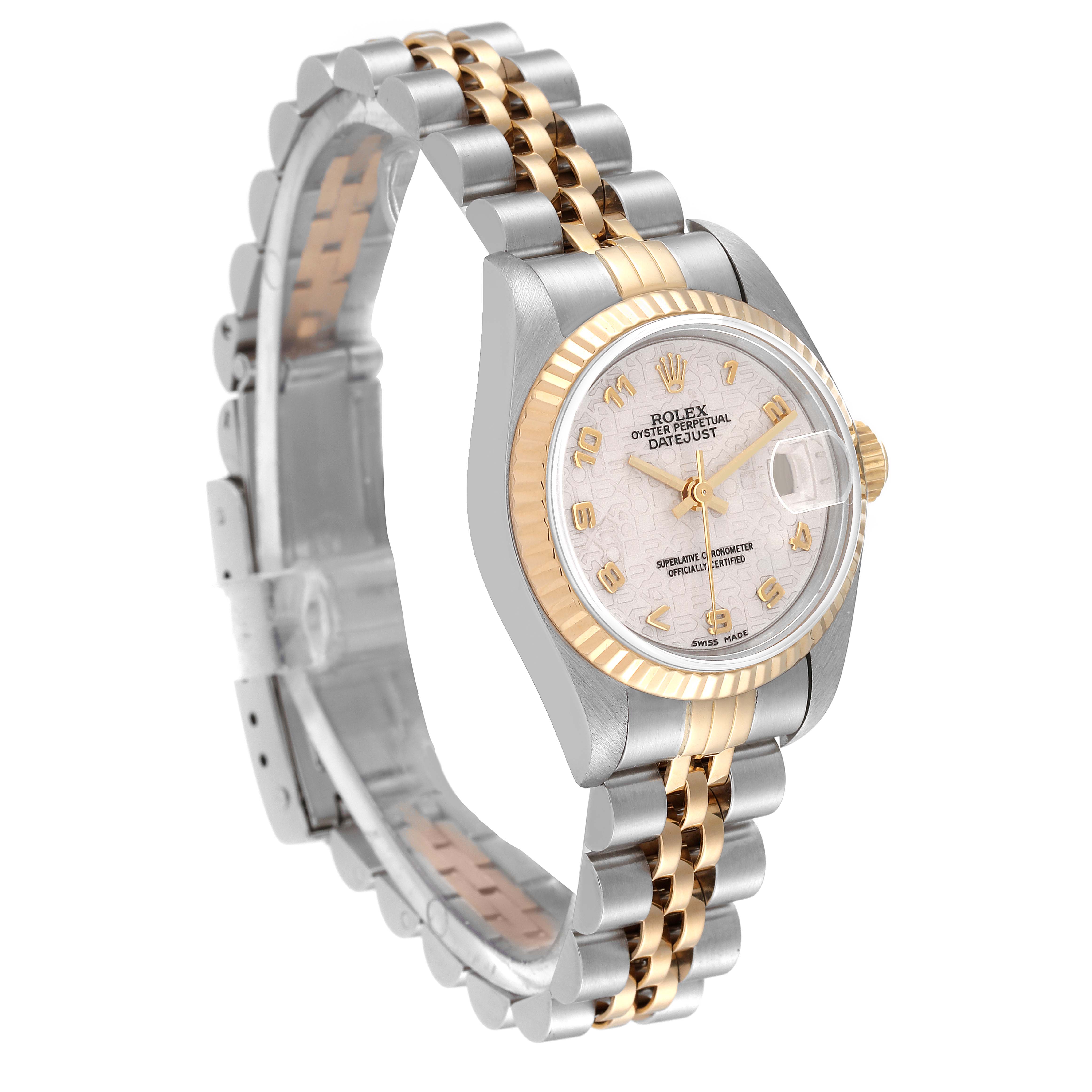 The Rolex Datejust 69173 Women's Steel and Gold (two tone) Beige Dial 69173 Women's Steel and Gold (two tone) Beige Dial watch is shown at an angle displaying the face, bezel, and two-tone link bracelet.