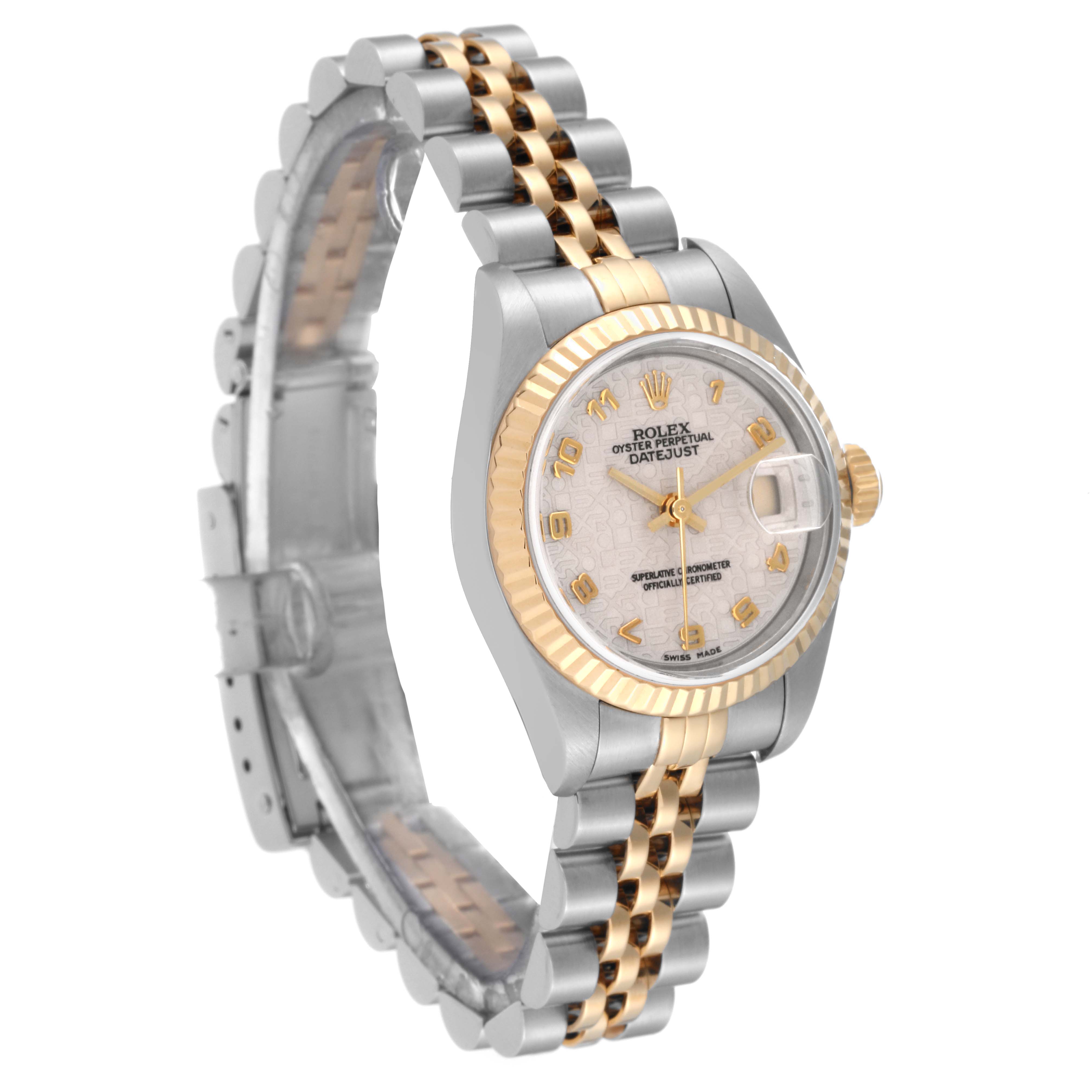 The Rolex Datejust 79173 Women's Steel and Gold (two tone) White Dial 79173 Women's Steel and Gold (two tone) White Dial watch is shown at a three-quarter angle, highlighting its bezel, dial, and two-tone metal bracelet.
