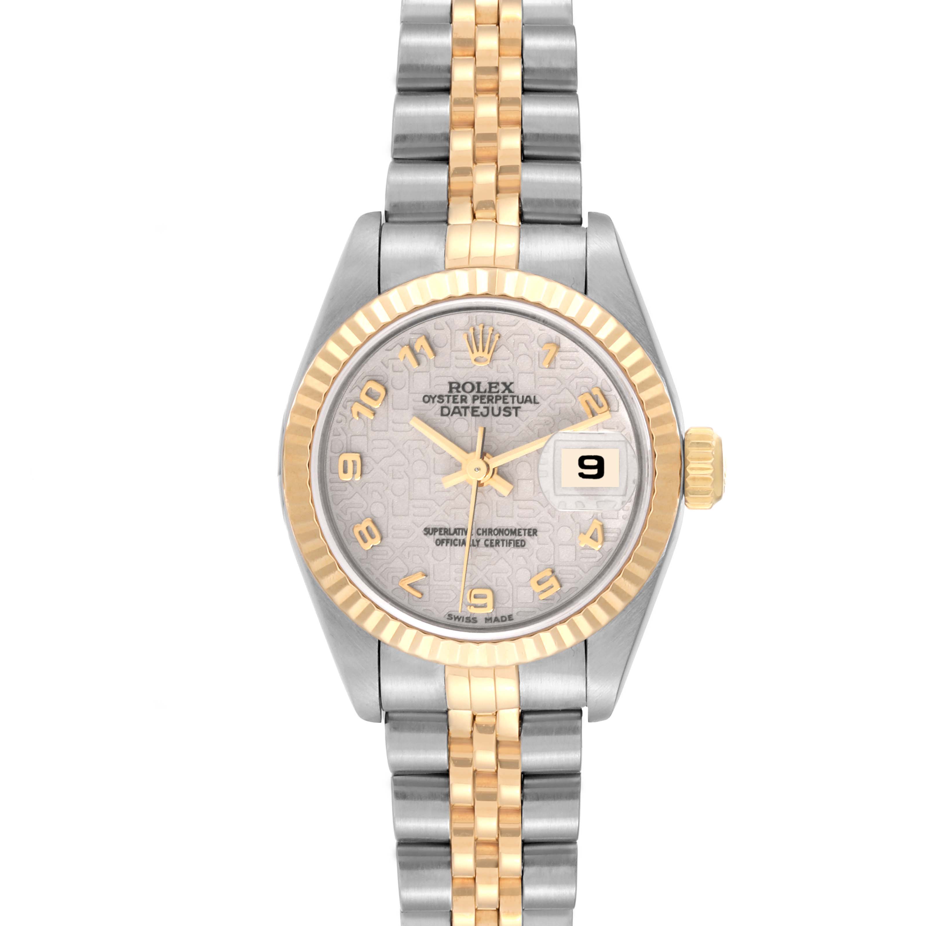 The Rolex Datejust 79173 Women's Steel and Gold (two tone) White Dial 79173 Women's Steel and Gold (two tone) White Dial watch is shown from a top-down angle, displaying the face, bezel, dial, and bracelet.