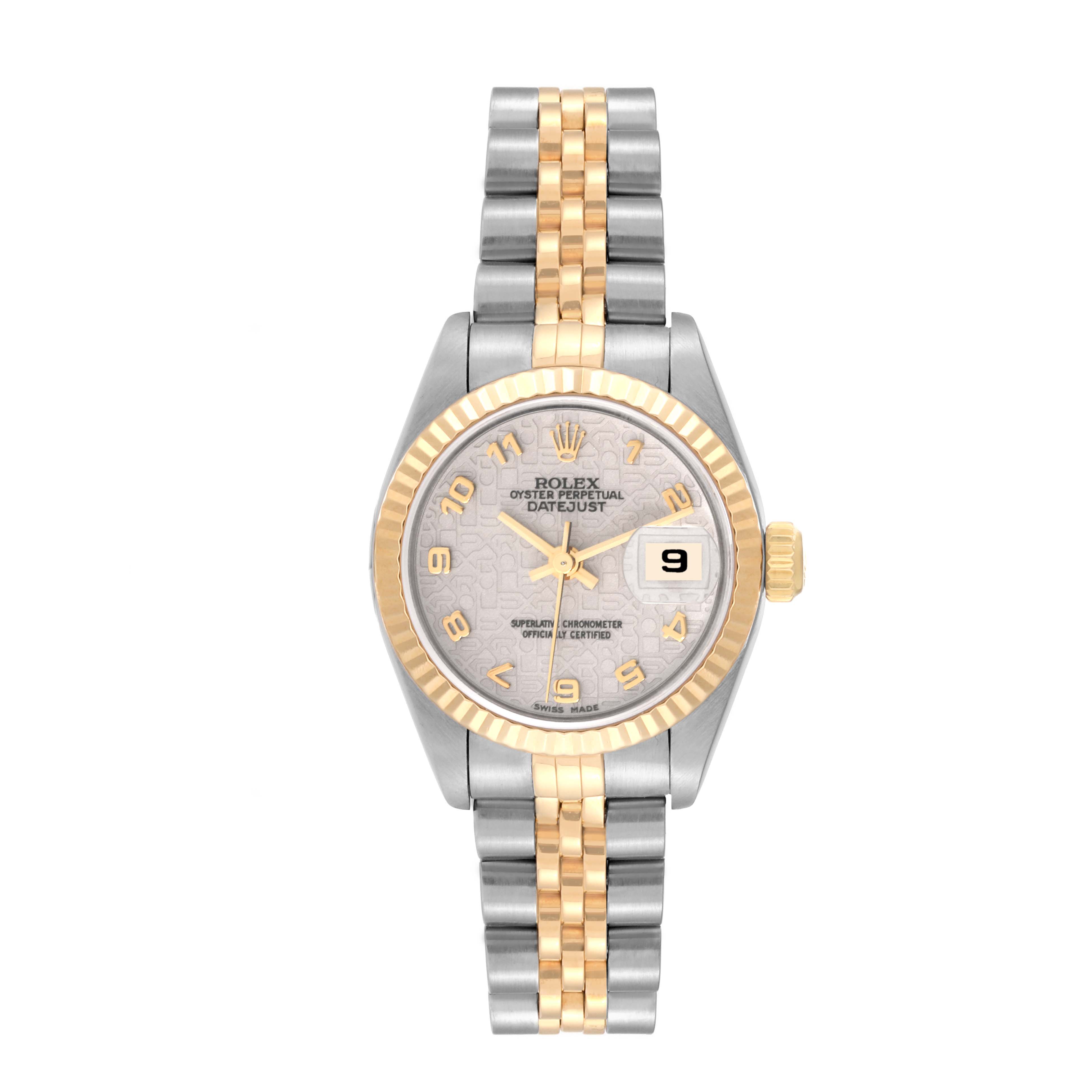 The image shows a front view of the Rolex Datejust 79173 Women's Steel and Gold (two tone) White Dial 79173 Women's Steel and Gold (two tone) White Dial watch, highlighting the dial, bezel, and two-tone bracelet.