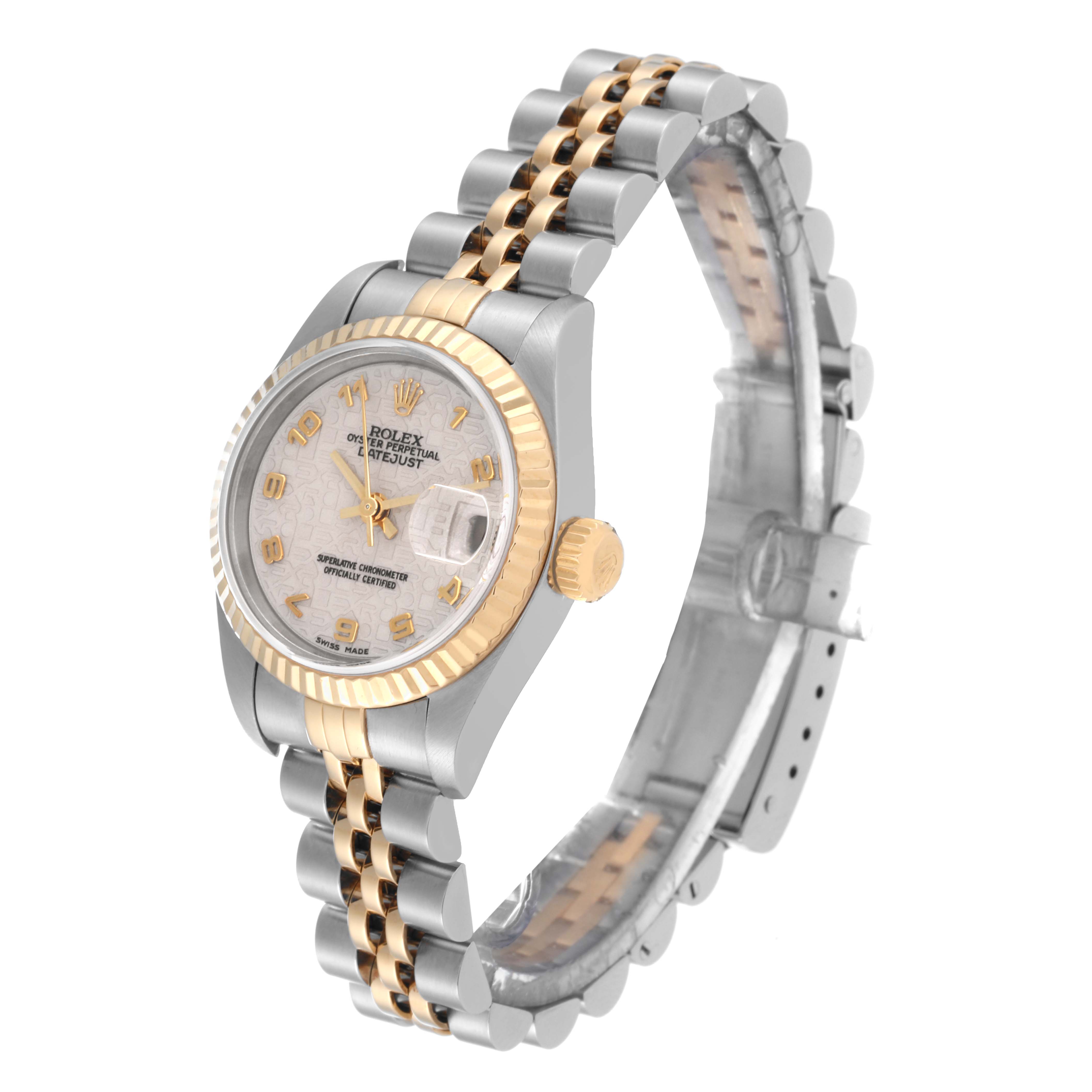 The image shows a Rolex Datejust 79173 Women's Steel and Gold (two tone) White Dial 79173 Women's Steel and Gold (two tone) White Dial watch at a three-quarter angle, highlighting the face, bezel, crown, and two-tone bracelet.