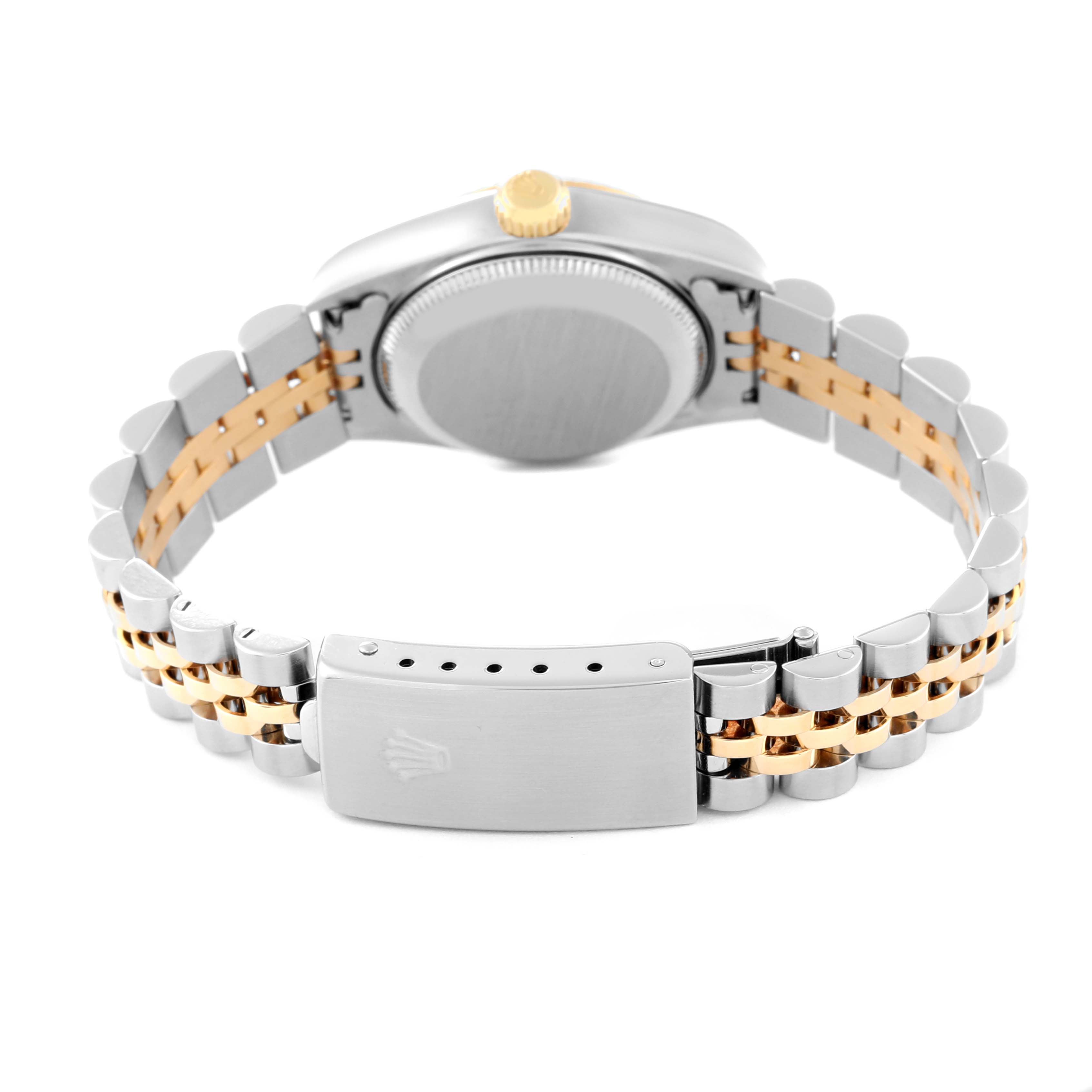 This image shows the back of a Rolex Datejust 79173 Women's Steel and Gold (two tone) White Dial 79173 Women's Steel and Gold (two tone) White Dial watch with its two-tone Jubilee bracelet and clasp.