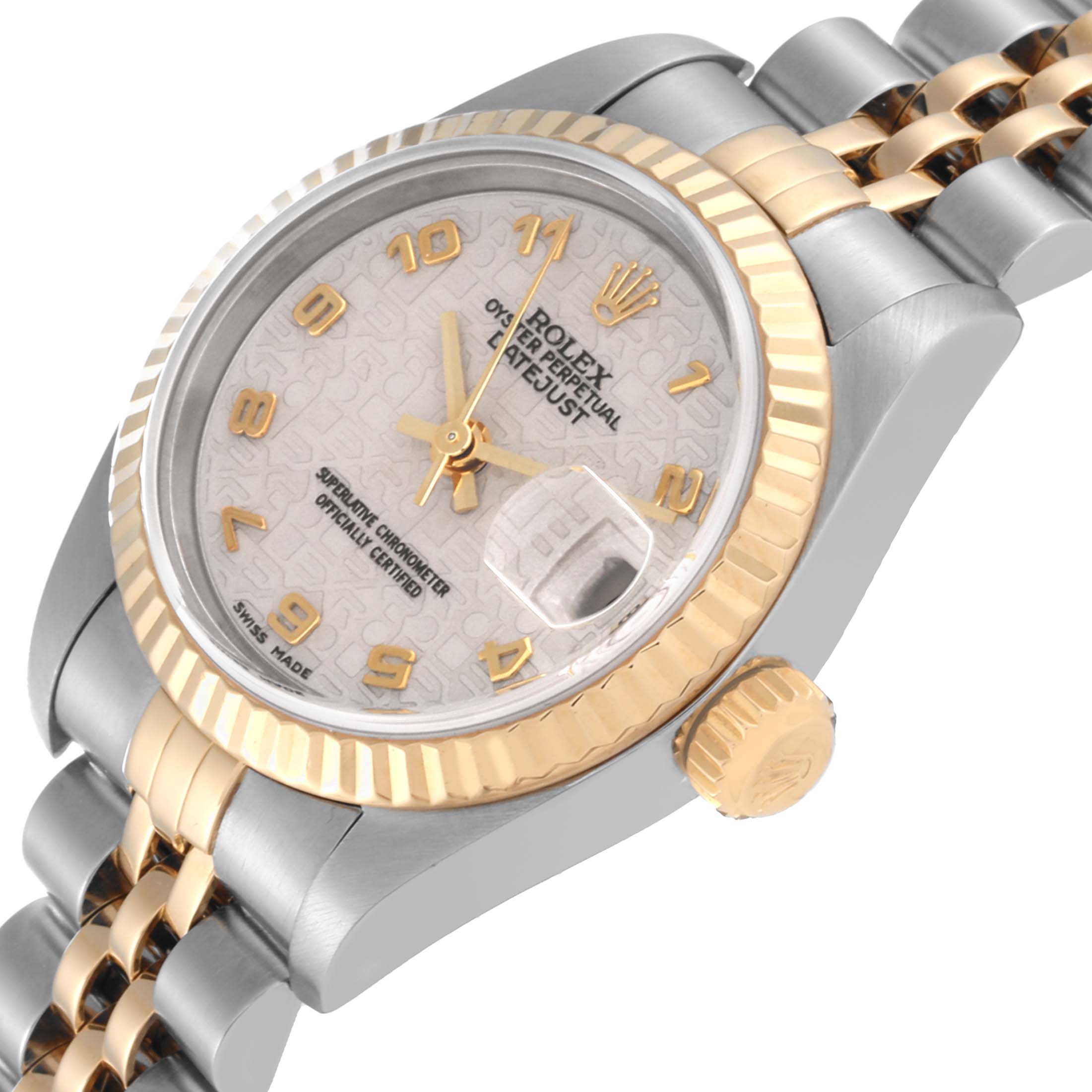 The image shows a side view of a Rolex Datejust 79173 Women's Steel and Gold (two tone) White Dial 79173 Women's Steel and Gold (two tone) White Dial watch, highlighting the bezel, dial, crown, and part of the bracelet.