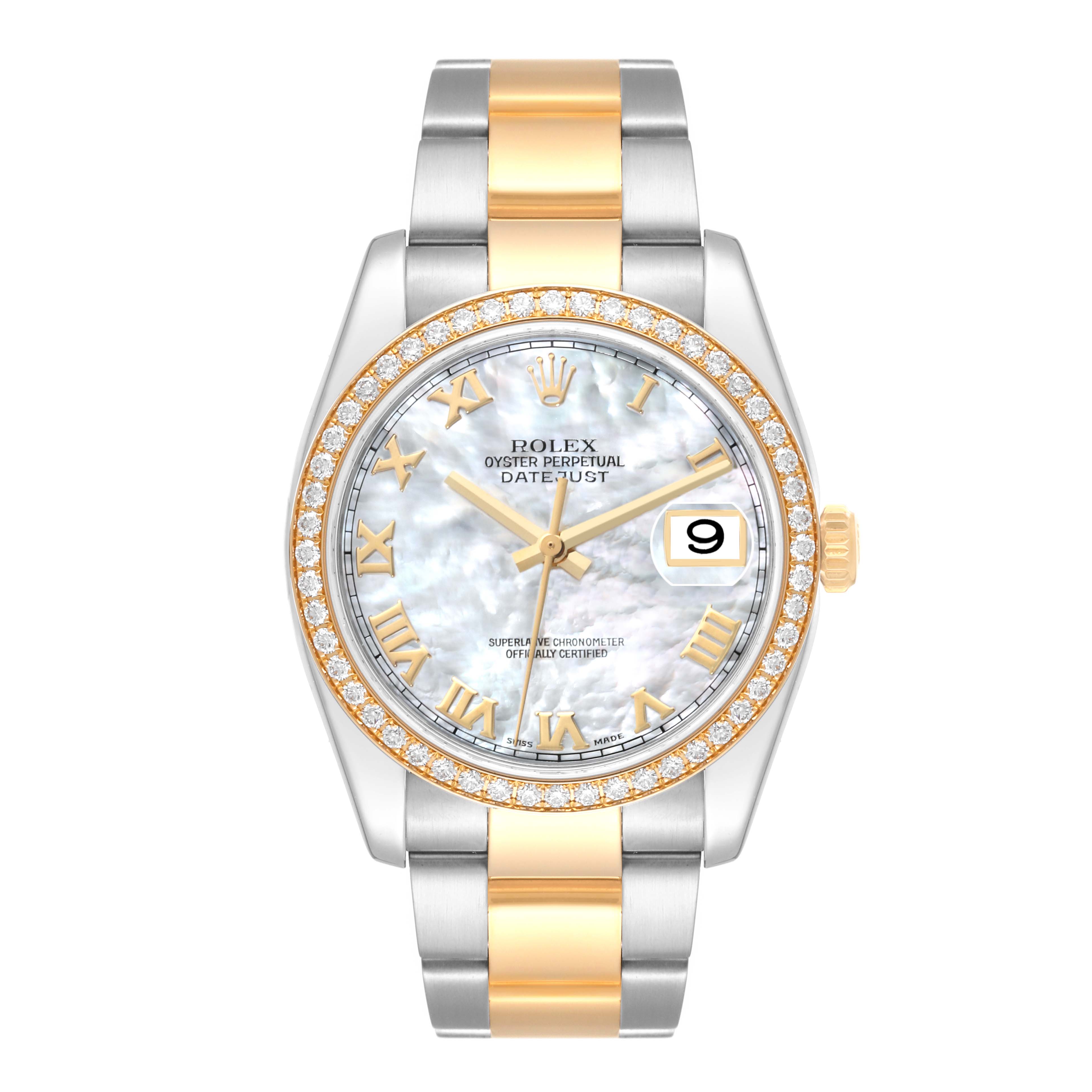 The image shows a Rolex Datejust 116243 Men's Steel and Gold (two tone) Mother of Pearl Dial 116243 Men's Steel and Gold (two tone) Mother of Pearl Dial watch from a front angle, featuring a two-tone bracelet, diamond bezel, and date display.