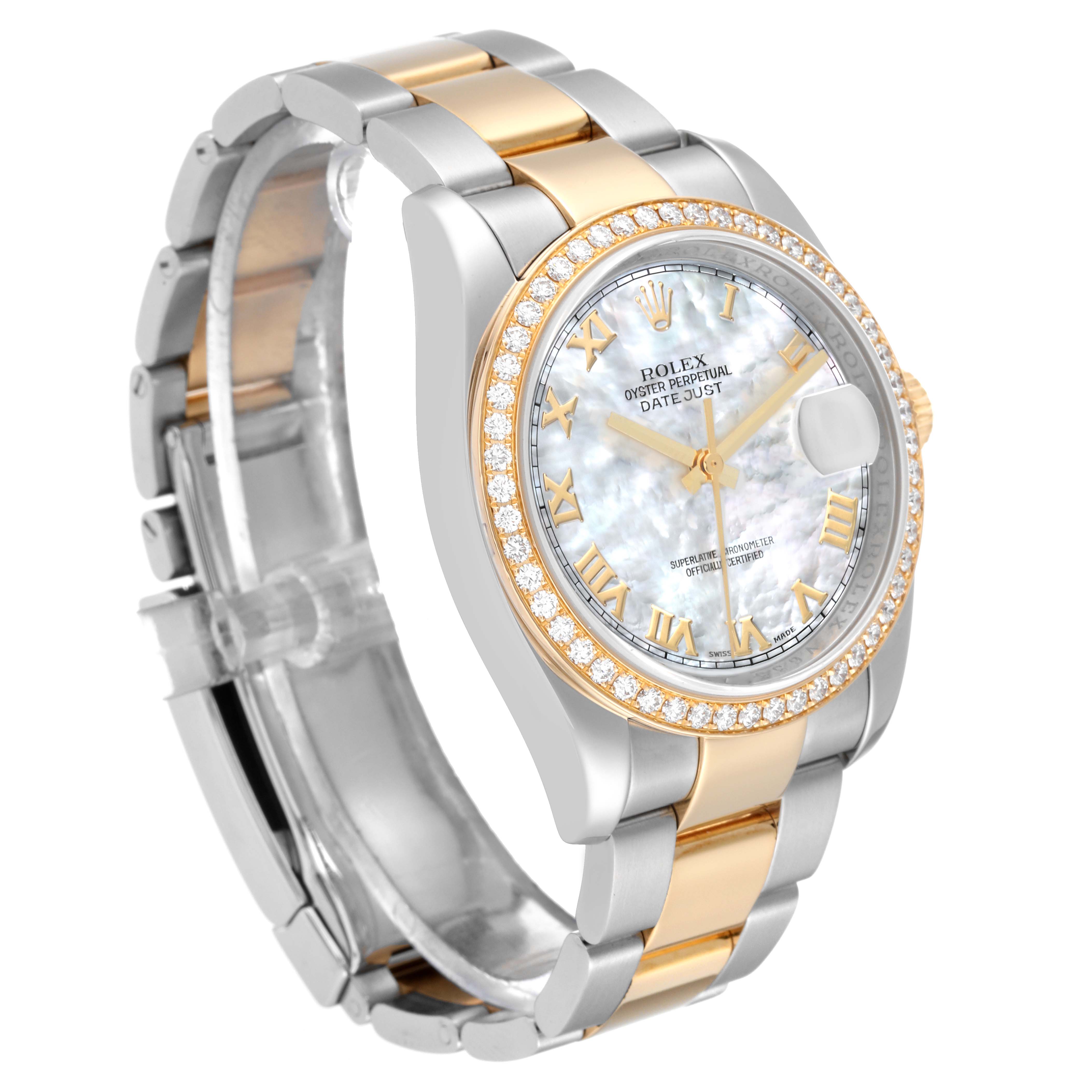 The Rolex Datejust 116243 Men's Steel and Gold (two tone) Mother of Pearl Dial 116243 Men's Steel and Gold (two tone) Mother of Pearl Dial watch is shown at a three-quarter angle, highlighting its two-tone bracelet, bezel, and mother-of-pearl dial.