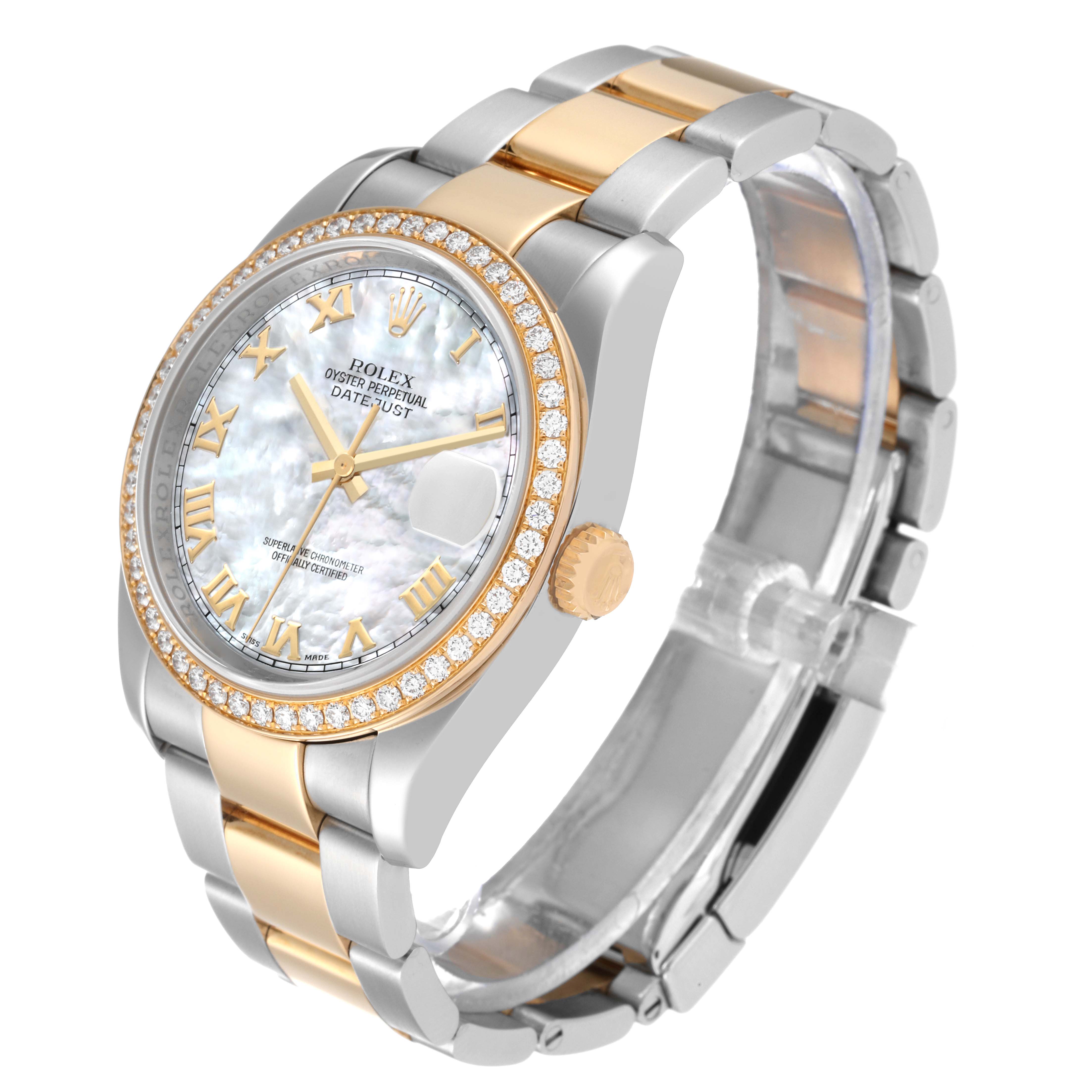 The image shows a Rolex Datejust 116243 Men's Steel and Gold (two tone) Mother of Pearl Dial 116243 Men's Steel and Gold (two tone) Mother of Pearl Dial watch at a slight side angle, highlighting the face, bezel, crown, and part of the bracelet.
