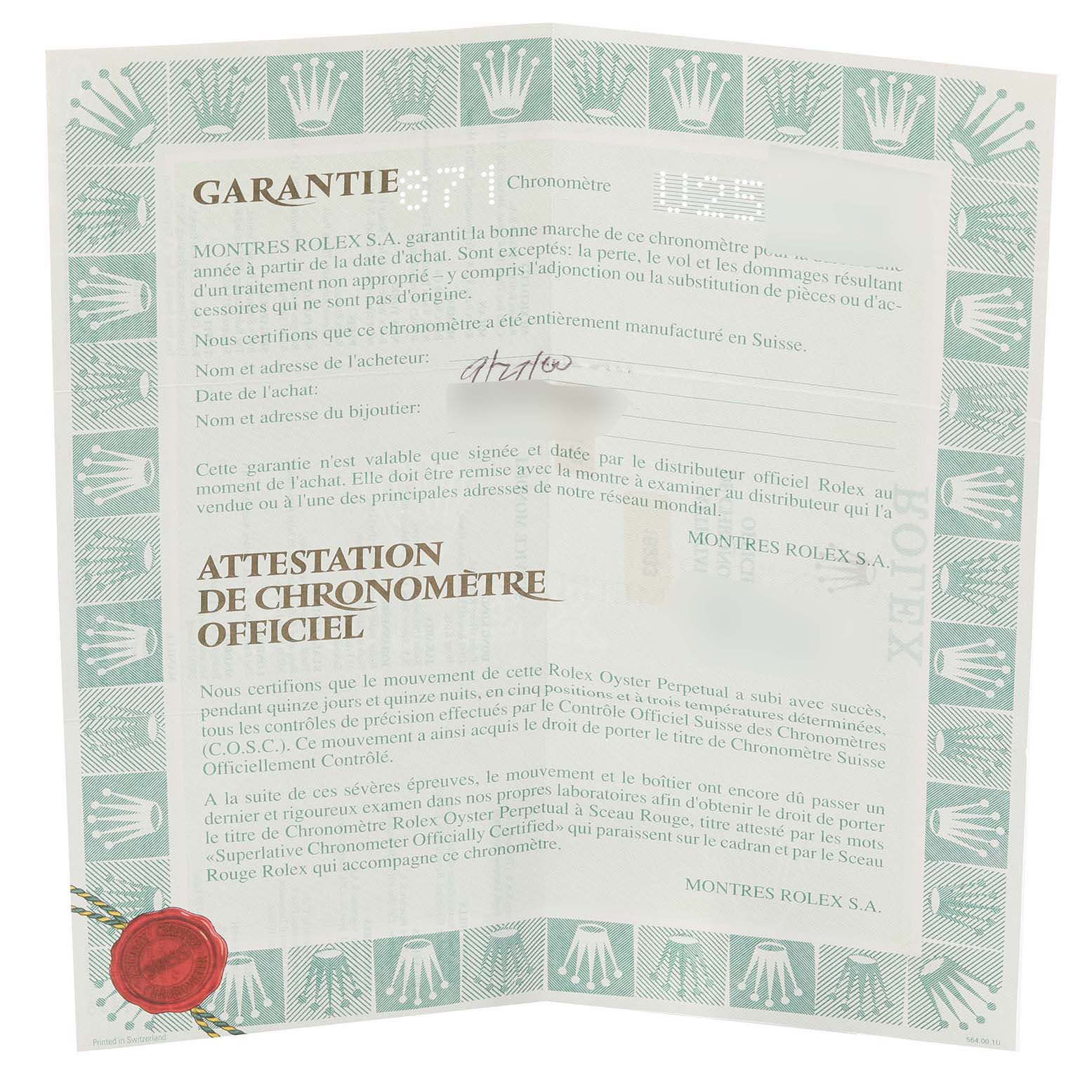 This is an angled view of the warranty and chronometer certificate for the Rolex Datejust 16233 Men's Steel and Gold (two tone) Silver Dial 16233 Men's Steel and Gold (two tone) Silver Dial model.