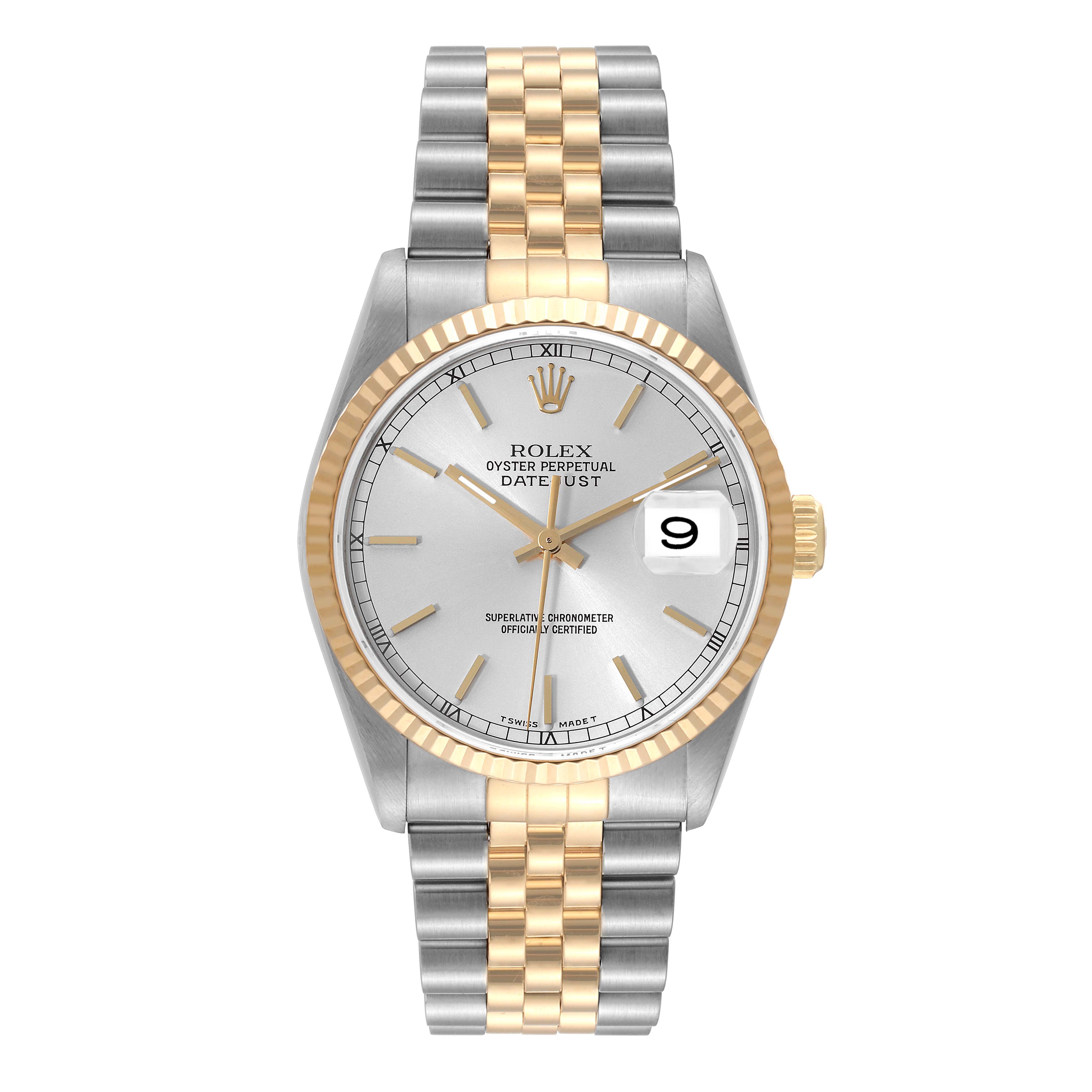 The image shows a front view of a Rolex Datejust 16233 Men's Steel and Gold (two tone) Silver Dial 16233 Men's Steel and Gold (two tone) Silver Dial watch, highlighting the dial, bezel, and two-tone bracelet.