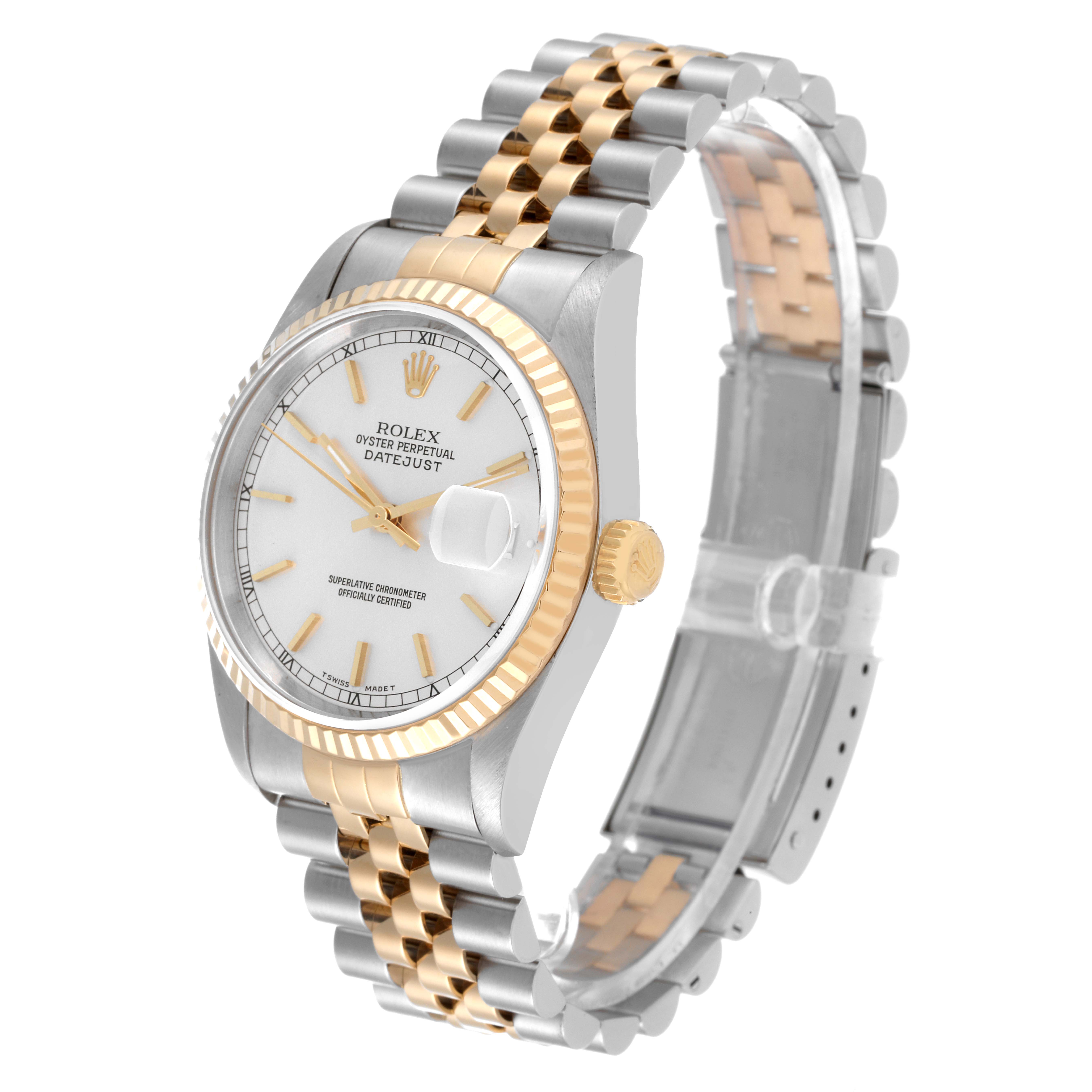 The Rolex Datejust 16233 Men's Steel and Gold (two tone) Silver Dial 16233 Men's Steel and Gold (two tone) Silver Dial watch is shown from a three-quarter angle highlighting the dial, bezel, and bracelet.