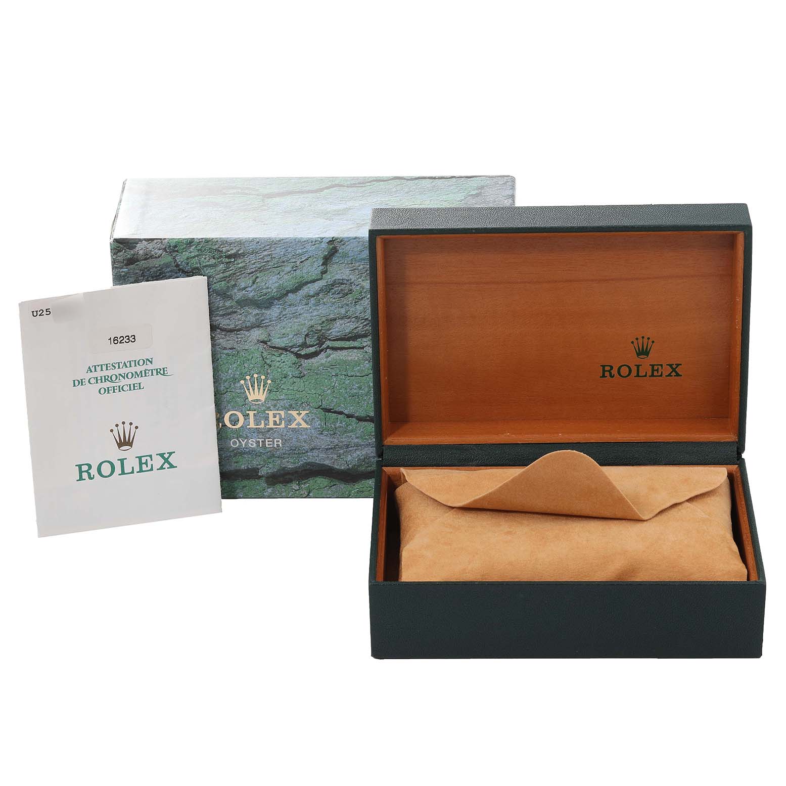 This image shows an open Rolex Datejust 16233 Men's Steel and Gold (two tone) Silver Dial 16233 Men's Steel and Gold (two tone) Silver Dial watch box with a booklet and the exterior box.