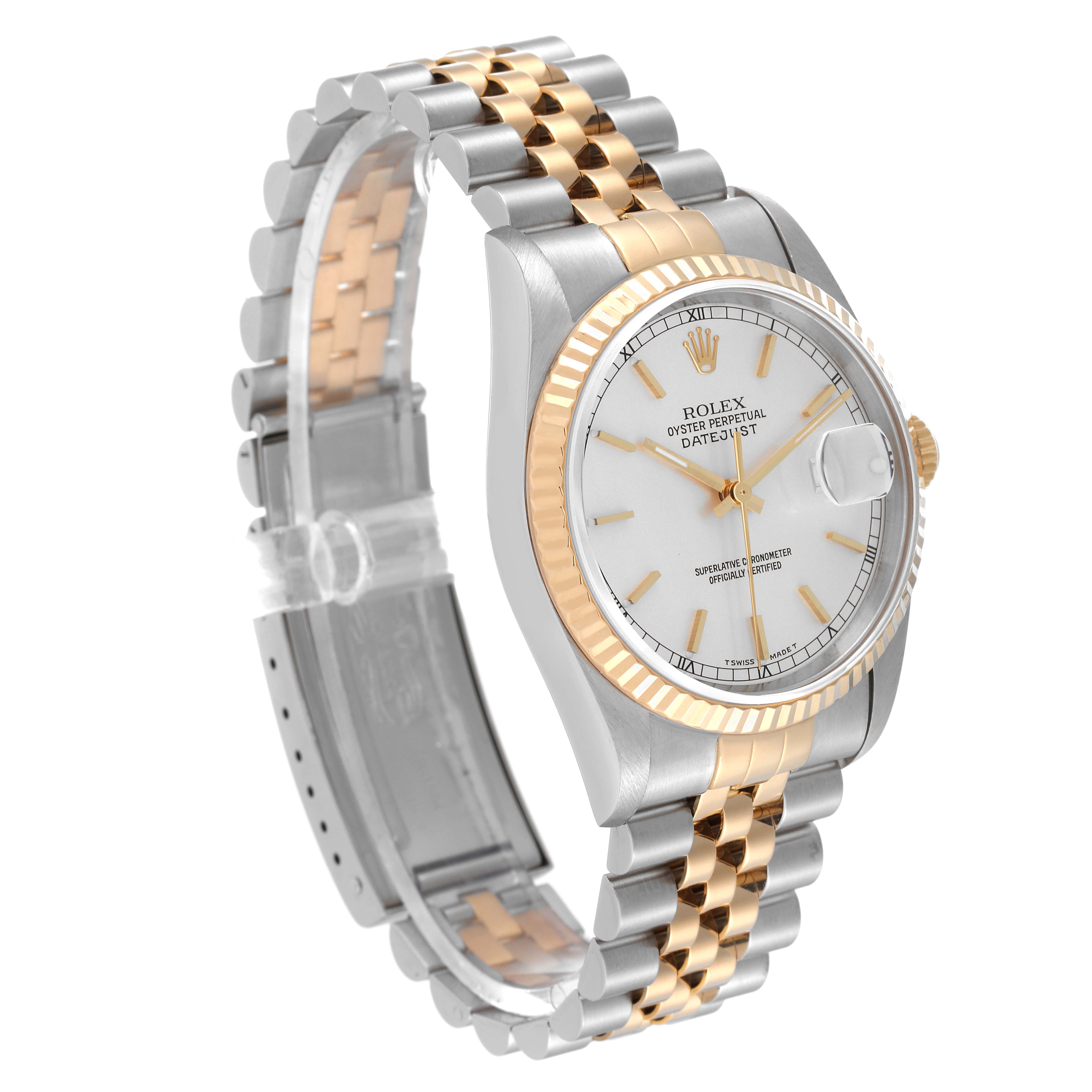 The Rolex Datejust 16233 Men's Steel and Gold (two tone) Silver Dial 16233 Men's Steel and Gold (two tone) Silver Dial watch is shown at a slightly angled side view, displaying the face, bezel, and two-tone jubilee bracelet.