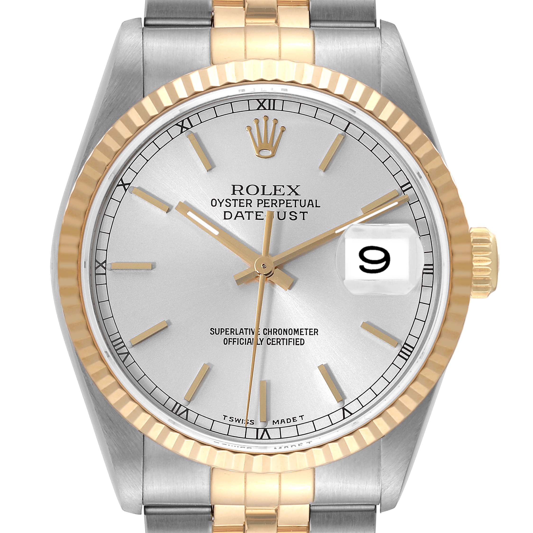 The image shows a front view of a Rolex Datejust 16233 Men's Steel and Gold (two tone) Silver Dial 16233 Men's Steel and Gold (two tone) Silver Dial watch, highlighting the dial, bezel, and part of the bracelet.