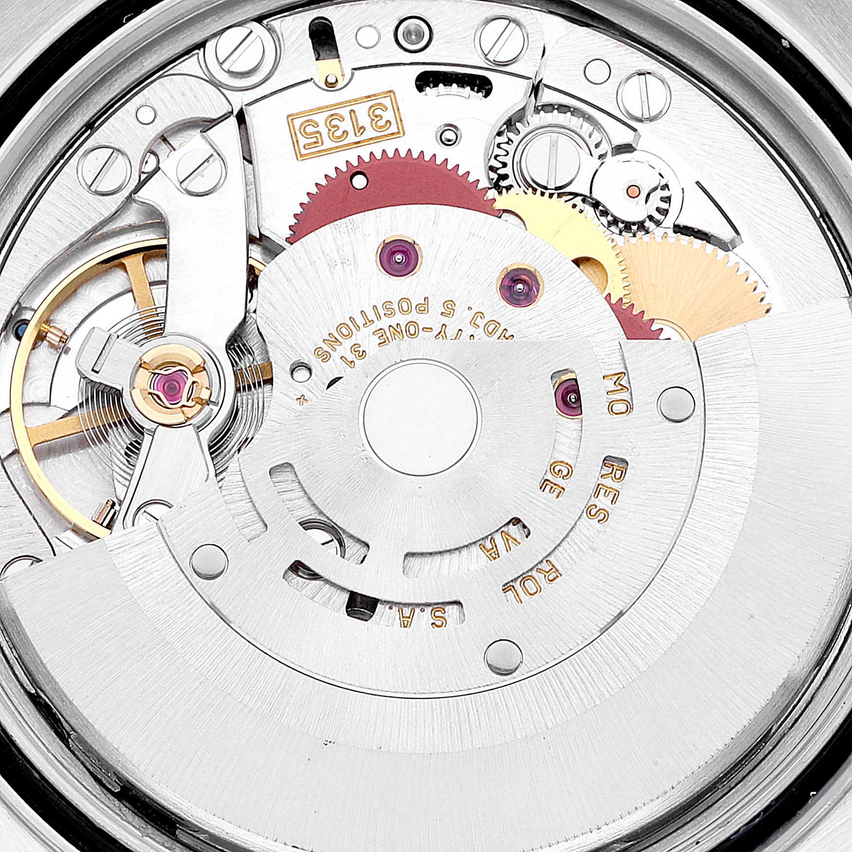 This image shows the Rolex Datejust 16233 Men's Steel and Gold (two tone) Silver Dial 16233 Men's Steel and Gold (two tone) Silver Dial model's internal movement mechanisms from a rear angle.