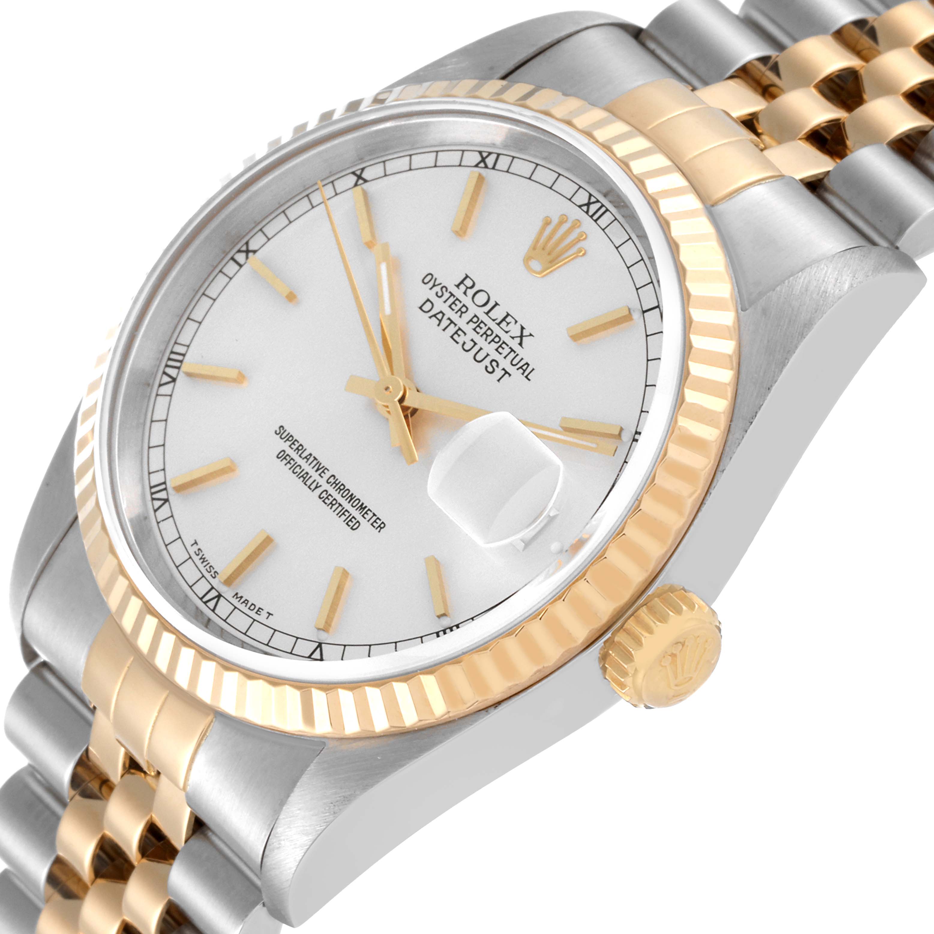 This image shows a close-up angled view of a Rolex Datejust 16233 Men's Steel and Gold (two tone) Silver Dial 16233 Men's Steel and Gold (two tone) Silver Dial watch, displaying the face, fluted bezel, crown, and part of the bracelet.