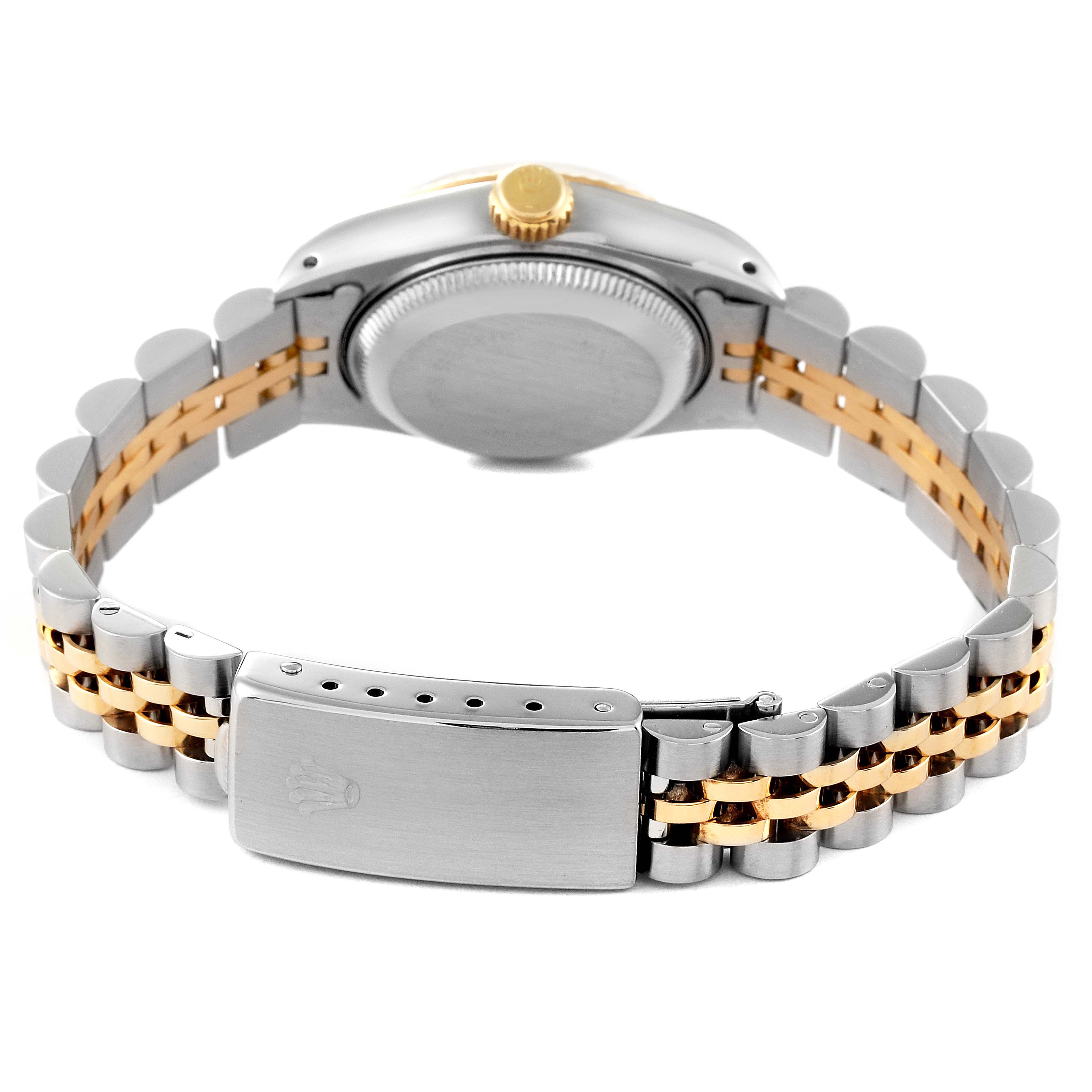 The image shows the back view and bracelet of a Rolex Datejust 69173 Women's Steel and Gold (two tone) White Dial 69173 Women's Steel and Gold (two tone) White Dial watch, highlighting the clasp and links.