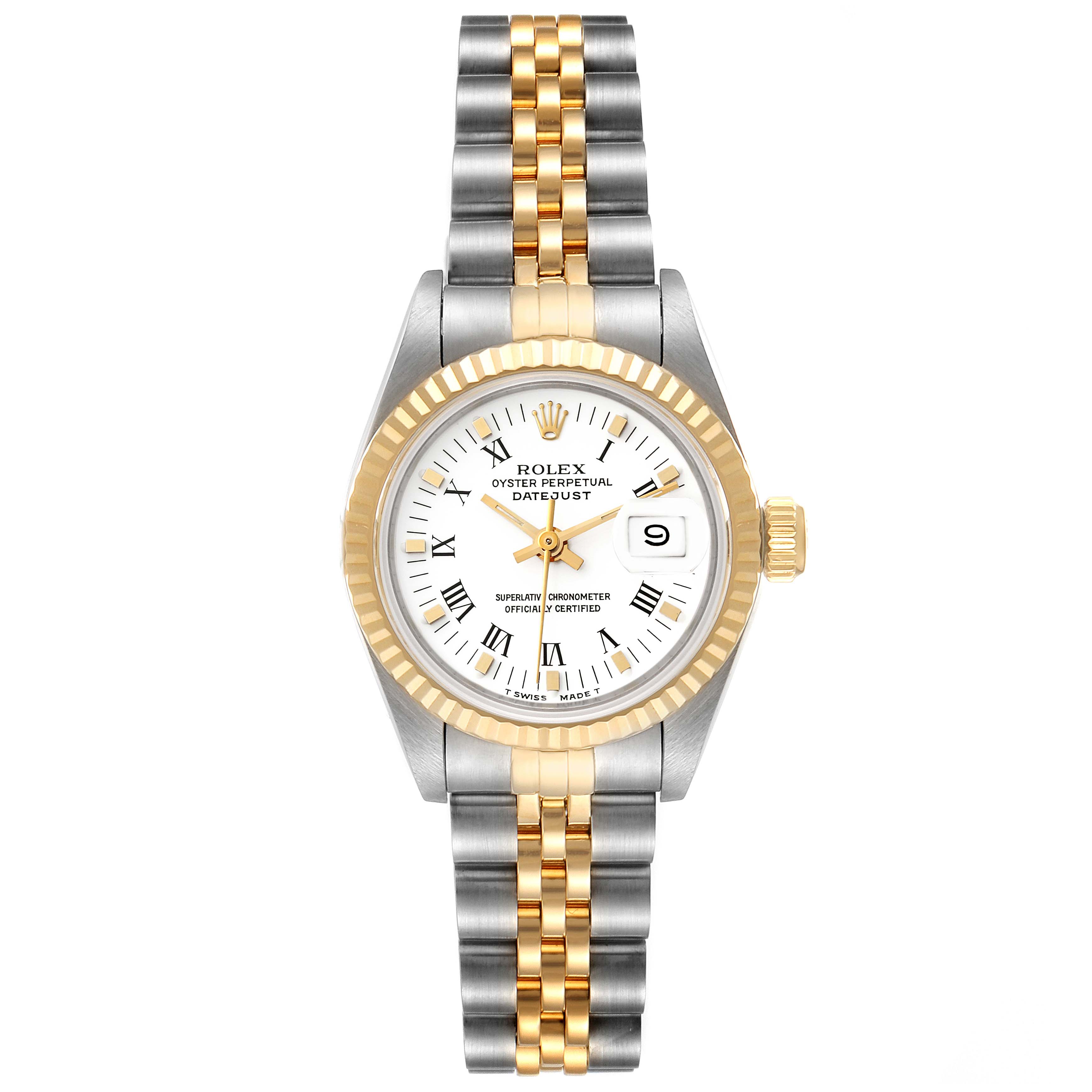 This image shows a front view of a Rolex Datejust 69173 Women's Steel and Gold (two tone) White Dial 69173 Women's Steel and Gold (two tone) White Dial watch, displaying the dial, bezel, bracelet, and crown.