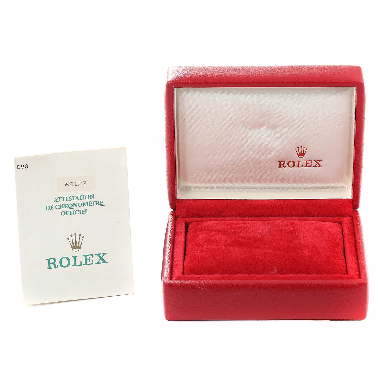 This image shows a red Rolex Datejust 69173 Women's Steel and Gold (two tone) White Dial 69173 Women's Steel and Gold (two tone) White Dial watch box and an official chronometer certificate.