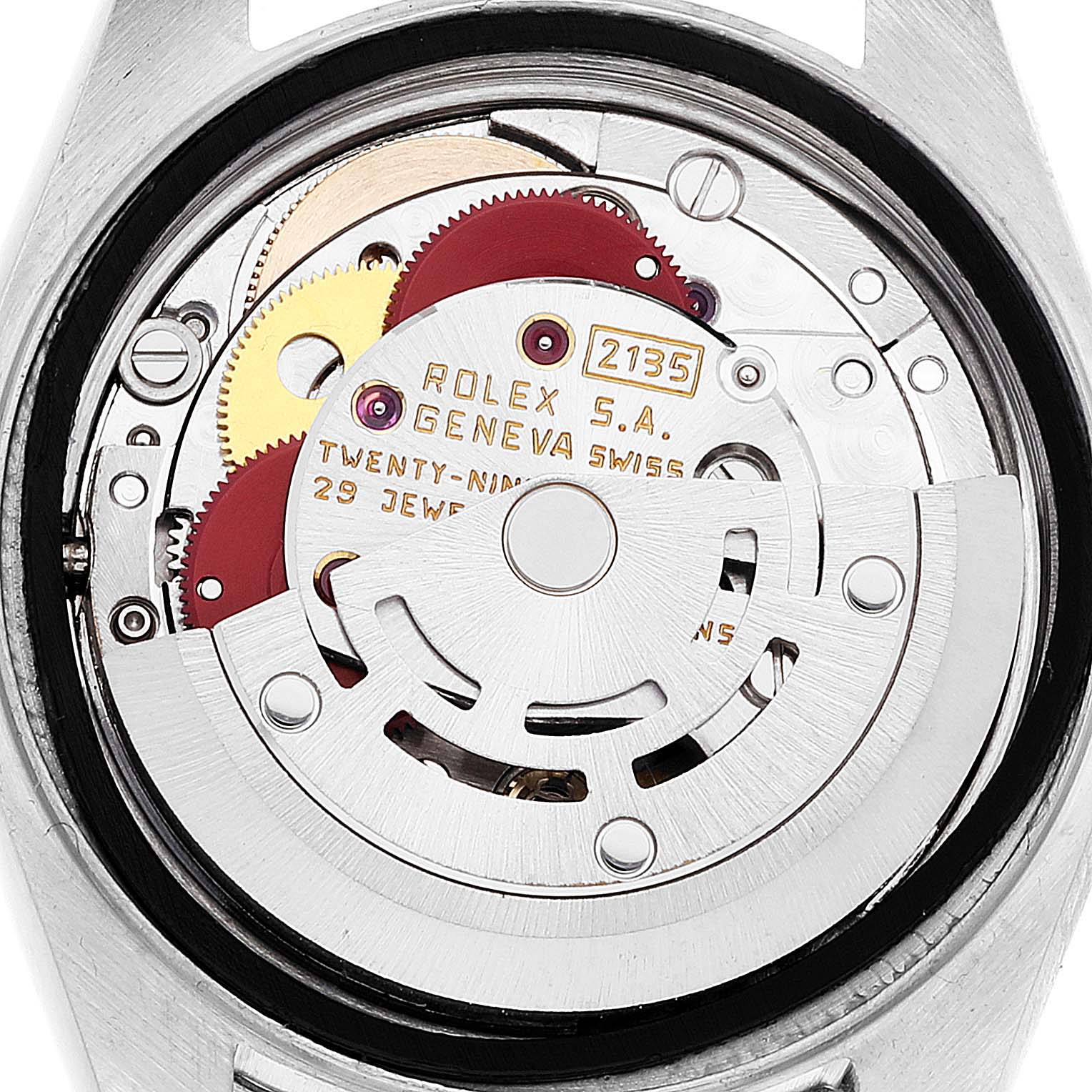 This image shows the internal mechanism and movement parts of a Rolex Datejust 69173 Women's Steel and Gold (two tone) White Dial 69173 Women's Steel and Gold (two tone) White Dial model watch from a back angle with the case back removed.