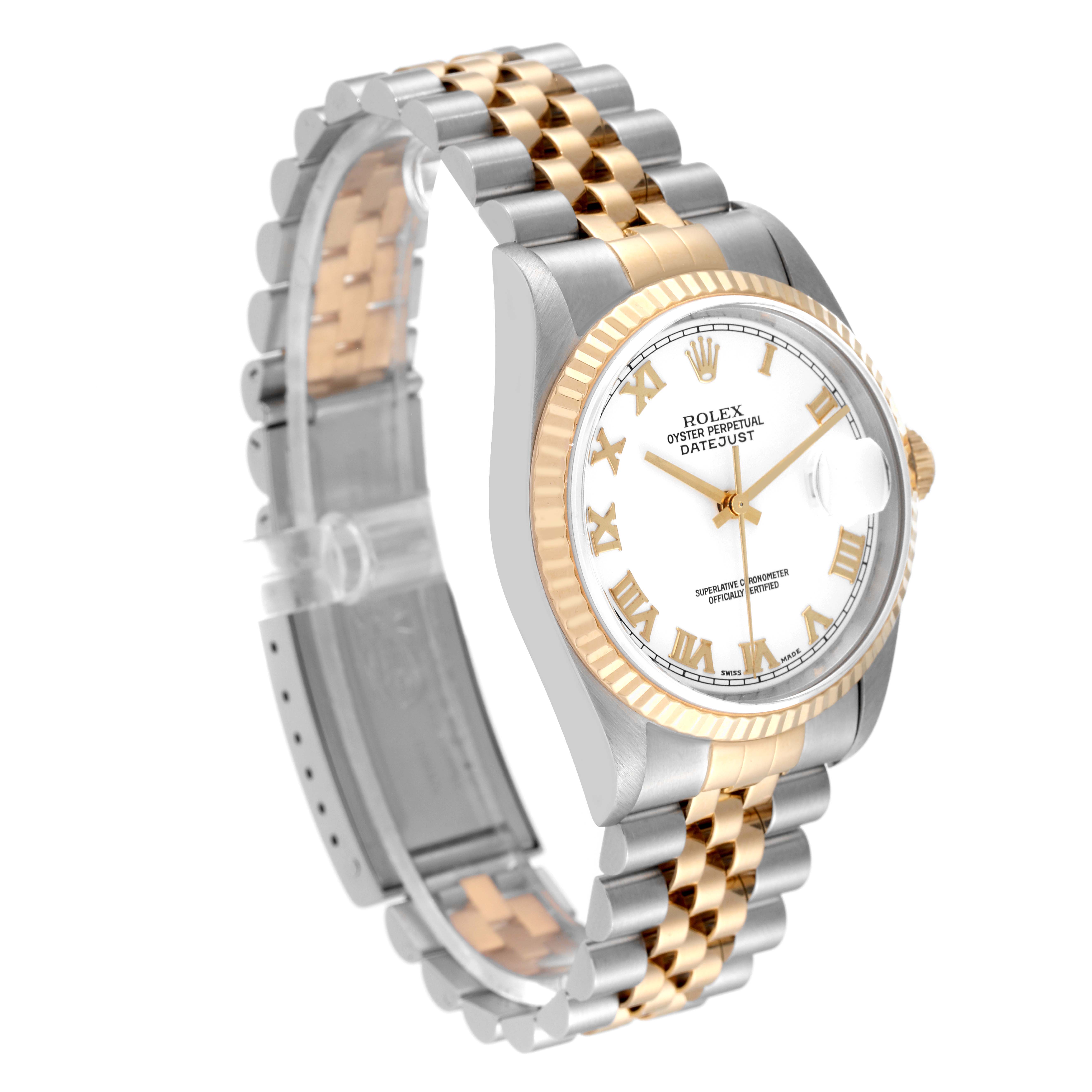 The image shows a side angle of a Rolex Datejust 16233 Men's Steel and Gold (two tone) White Dial 16233 Men's Steel and Gold (two tone) White Dial watch, highlighting its two-tone bracelet, fluted bezel, and white dial.