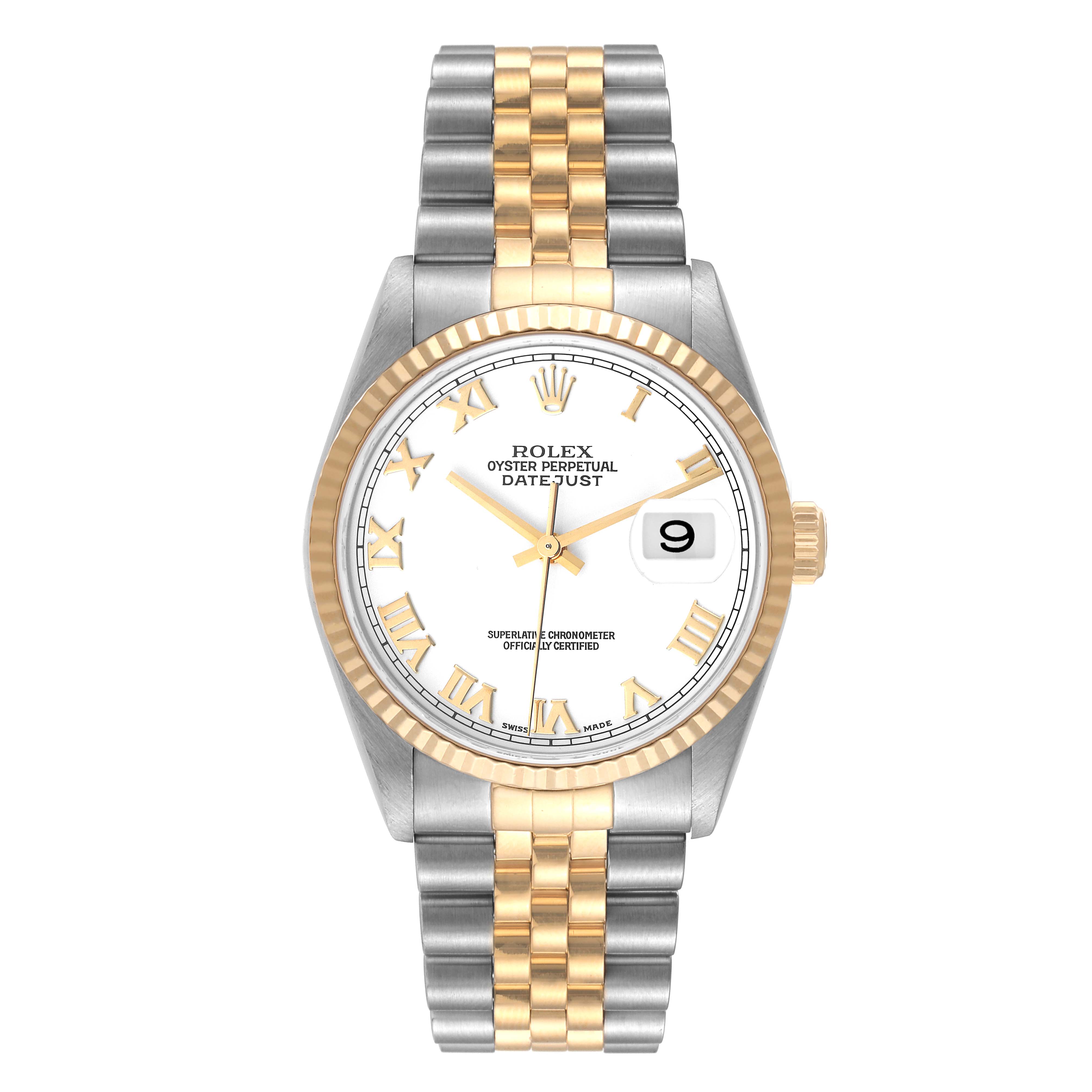 This image shows a front view of a Rolex Datejust 16233 Men's Steel and Gold (two tone) White Dial 16233 Men's Steel and Gold (two tone) White Dial watch with a two-tone band and Roman numeral markers.