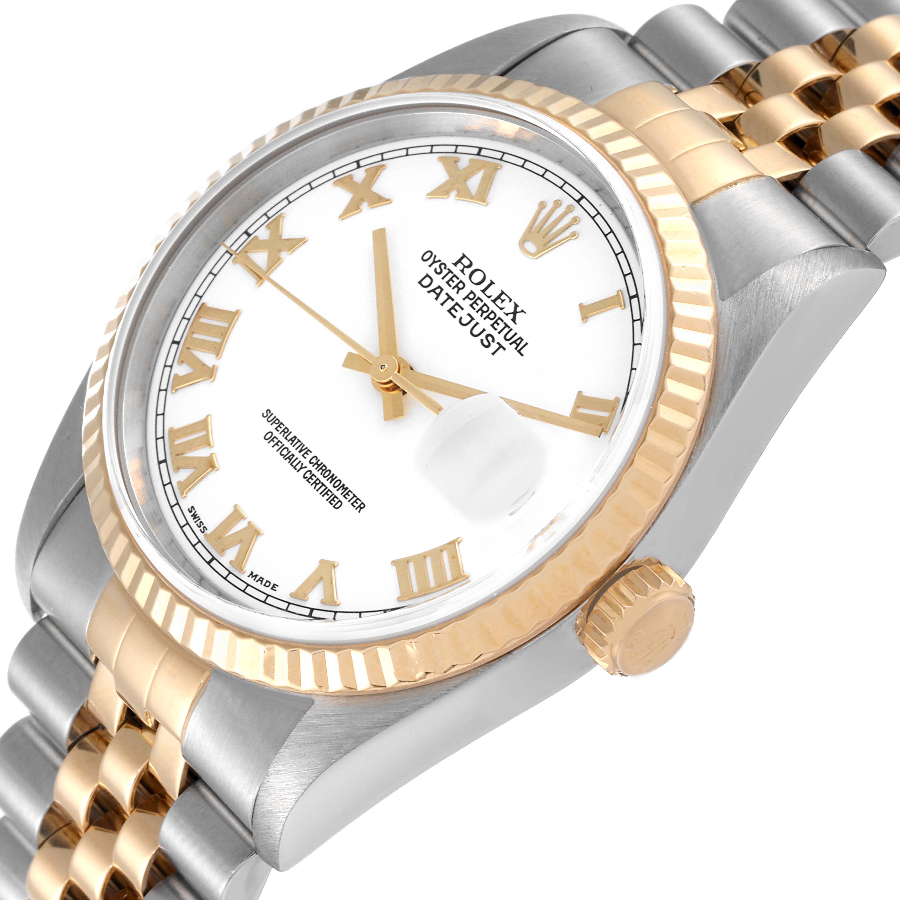 The image shows a Rolex Datejust 16233 Men's Steel and Gold (two tone) White Dial 16233 Men's Steel and Gold (two tone) White Dial watch at an oblique angle, highlighting its gold bezel, Roman numeral dial, and two-tone bracelet.