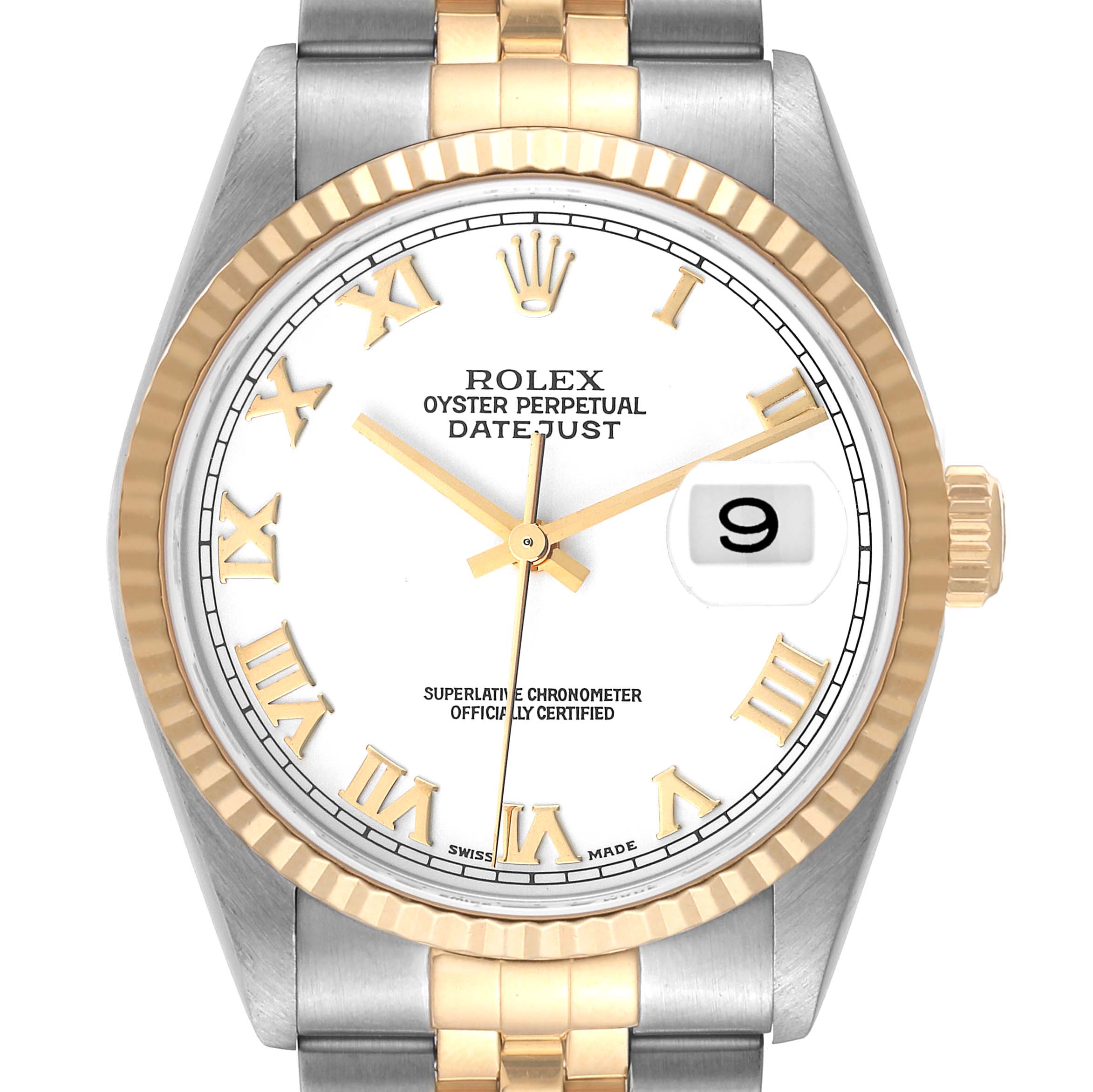 The image shows a front view of a Rolex Datejust 16233 Men's Steel and Gold (two tone) White Dial 16233 Men's Steel and Gold (two tone) White Dial watch, highlighting the dial, bezel, and part of the bracelet.
