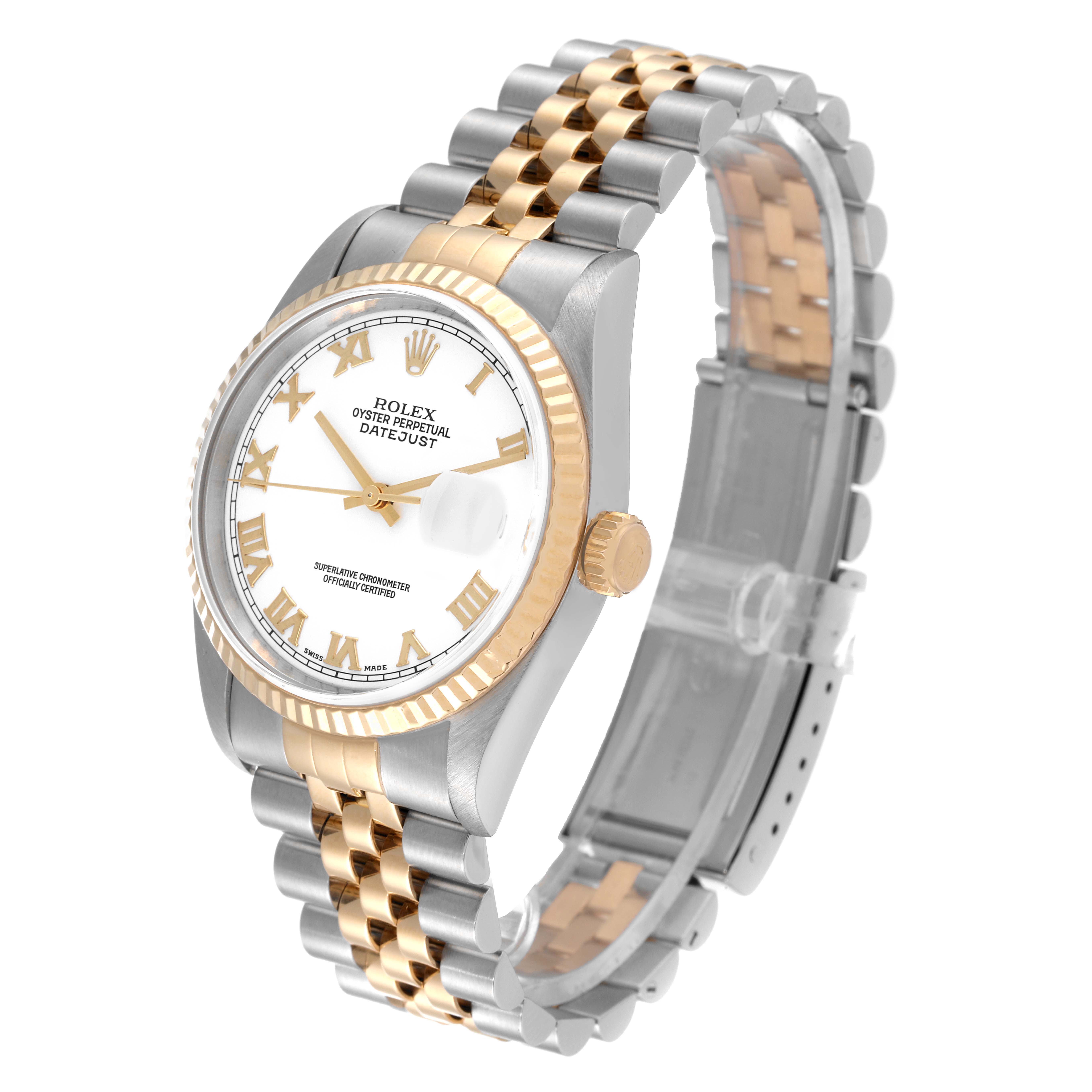 The image shows a Rolex Datejust 16233 Men's Steel and Gold (two tone) White Dial 16233 Men's Steel and Gold (two tone) White Dial watch from a front three-quarter angle, highlighting the dial, bezel, case, and Jubilee bracelet.
