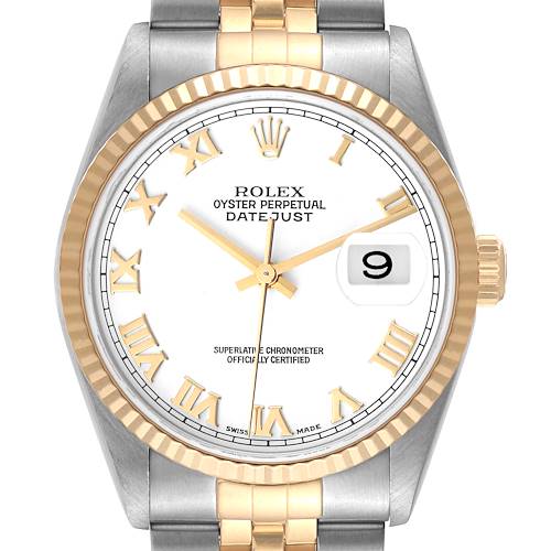 Photo of Rolex Datejust Steel Yellow Gold White Roman Dial Mens Watch 16233