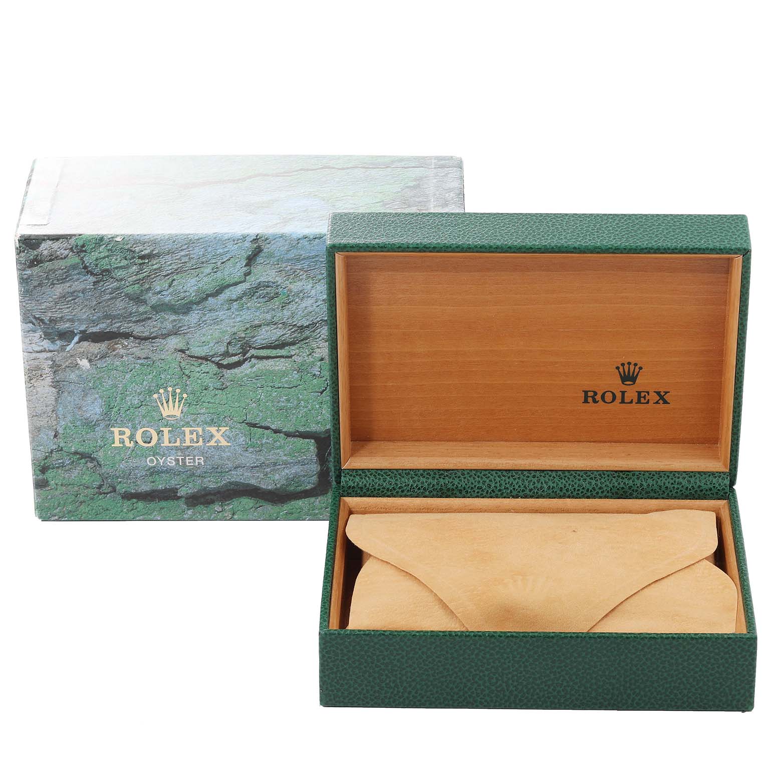 The image shows an open green Rolex Datejust 16233 Men's Steel and Gold (two tone) White Dial 16233 Men's Steel and Gold (two tone) White Dial watch box with leather pouch and outer sleeve featuring the Rolex logo.