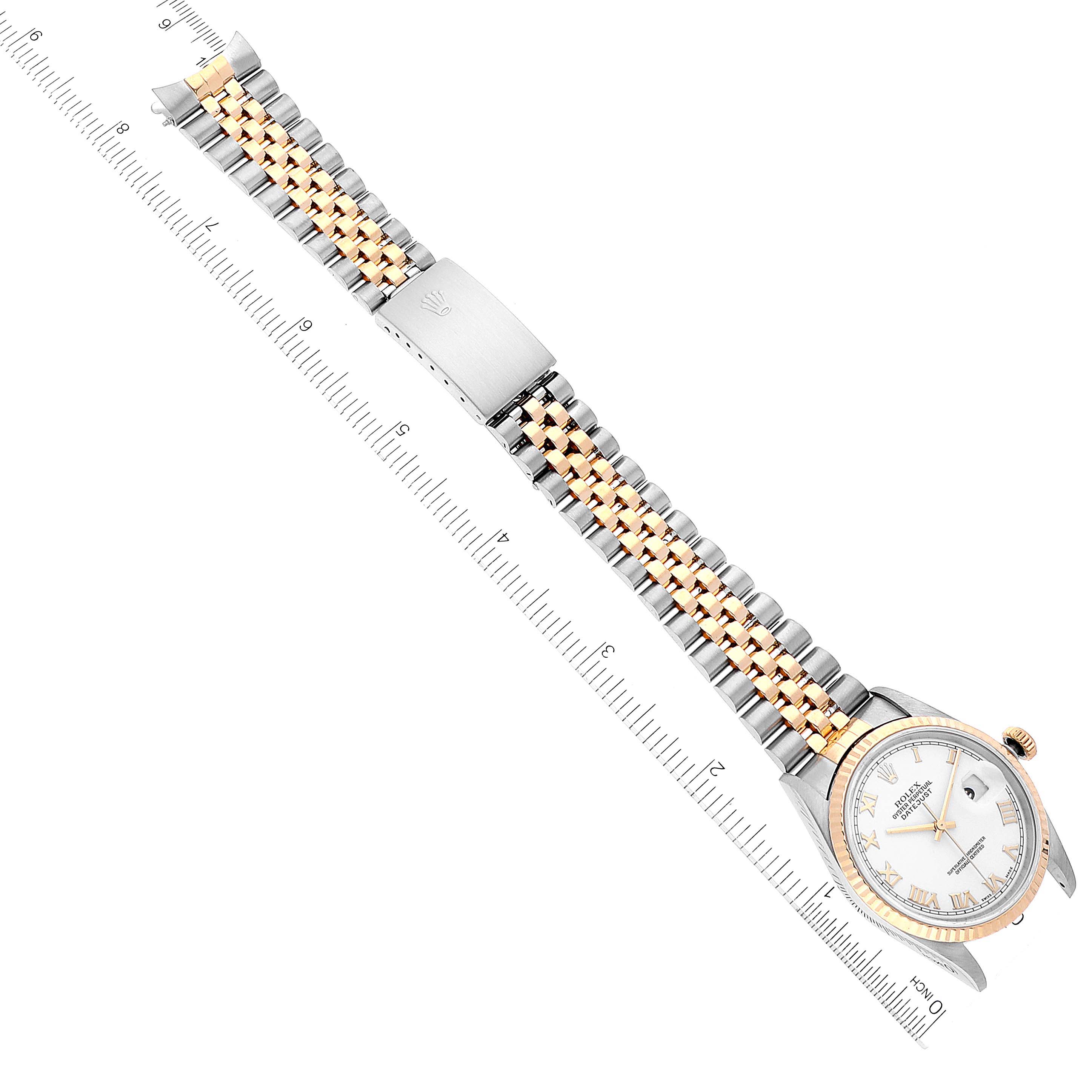 The image shows a Rolex Datejust 16233 Men's Steel and Gold (two tone) White Dial 16233 Men's Steel and Gold (two tone) White Dial watch laid flat, displaying the full bracelet, clasp, and dial.