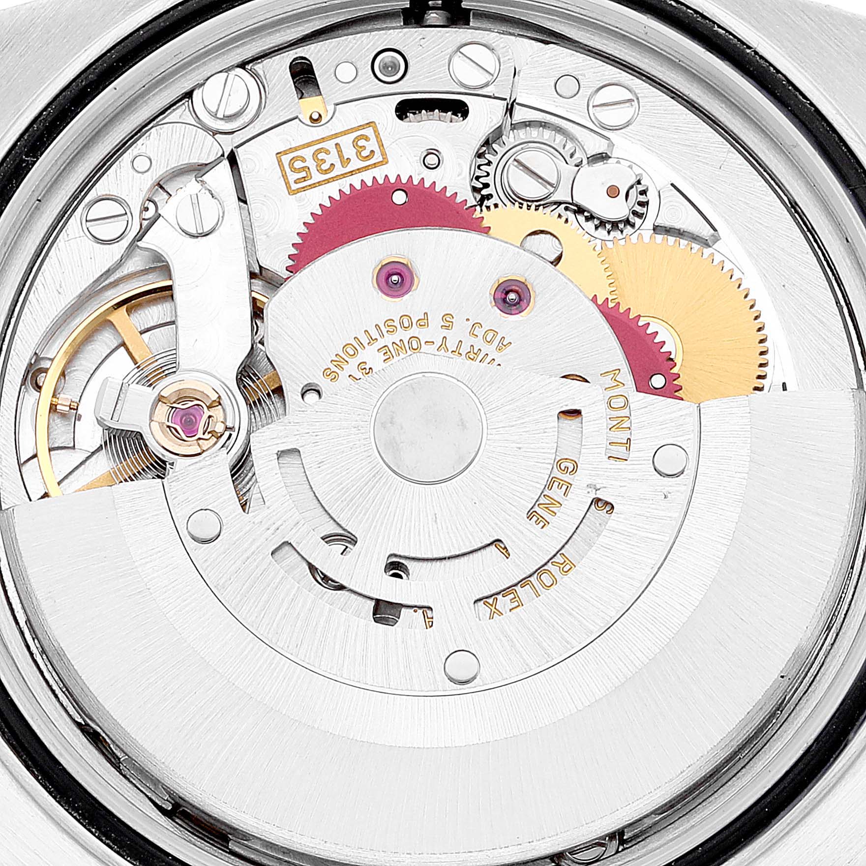 The image shows a close-up view of the movement and inner mechanism of a Rolex Datejust 16233 Men's Steel and Gold (two tone) White Dial 16233 Men's Steel and Gold (two tone) White Dial watch.