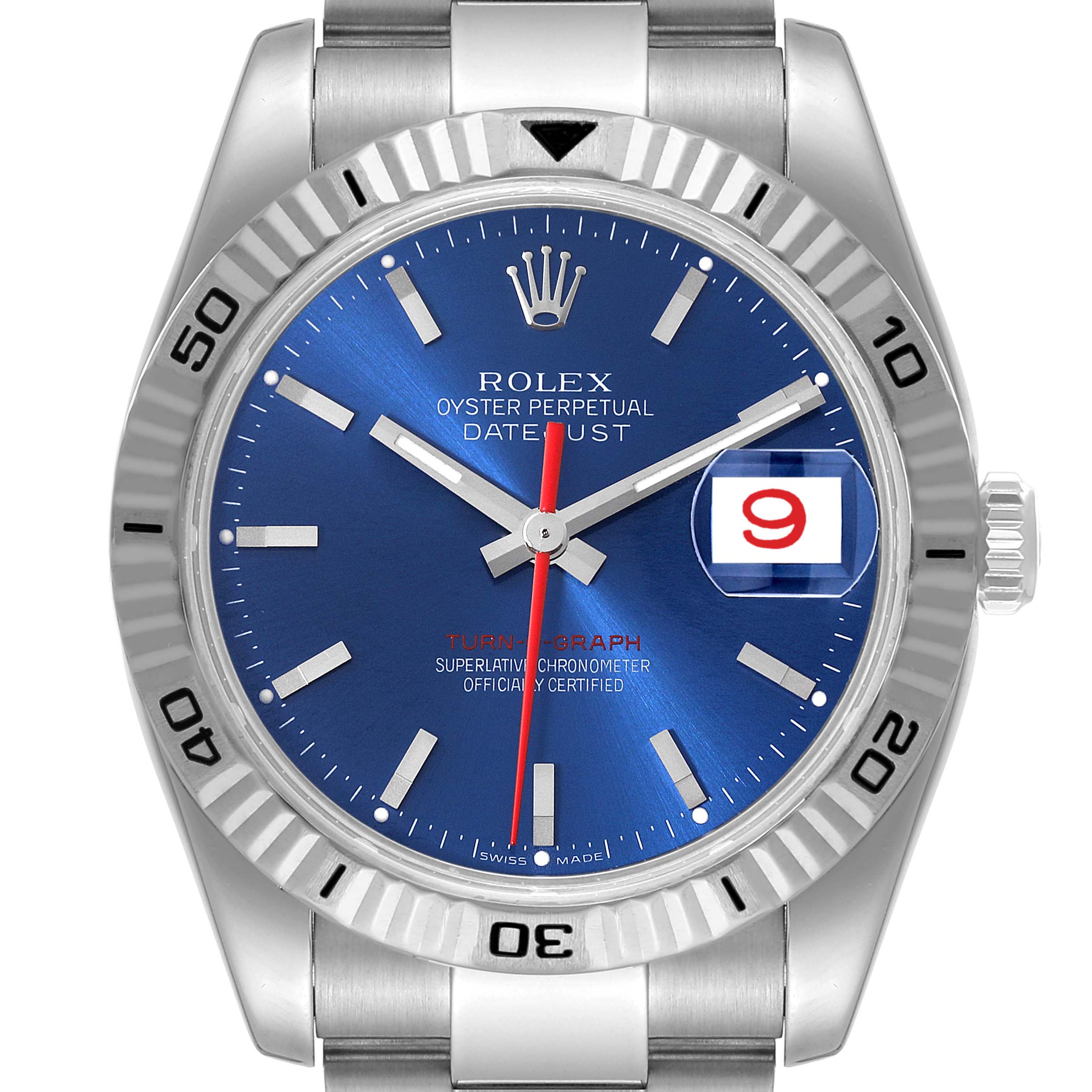 The Rolex Turn-o-Graph 116264 Men's Stainless Steel Blue Dial 116264 Men's Stainless Steel Blue Dial watch is shown from a front angle, highlighting its blue dial, date window, and fluted bezel.