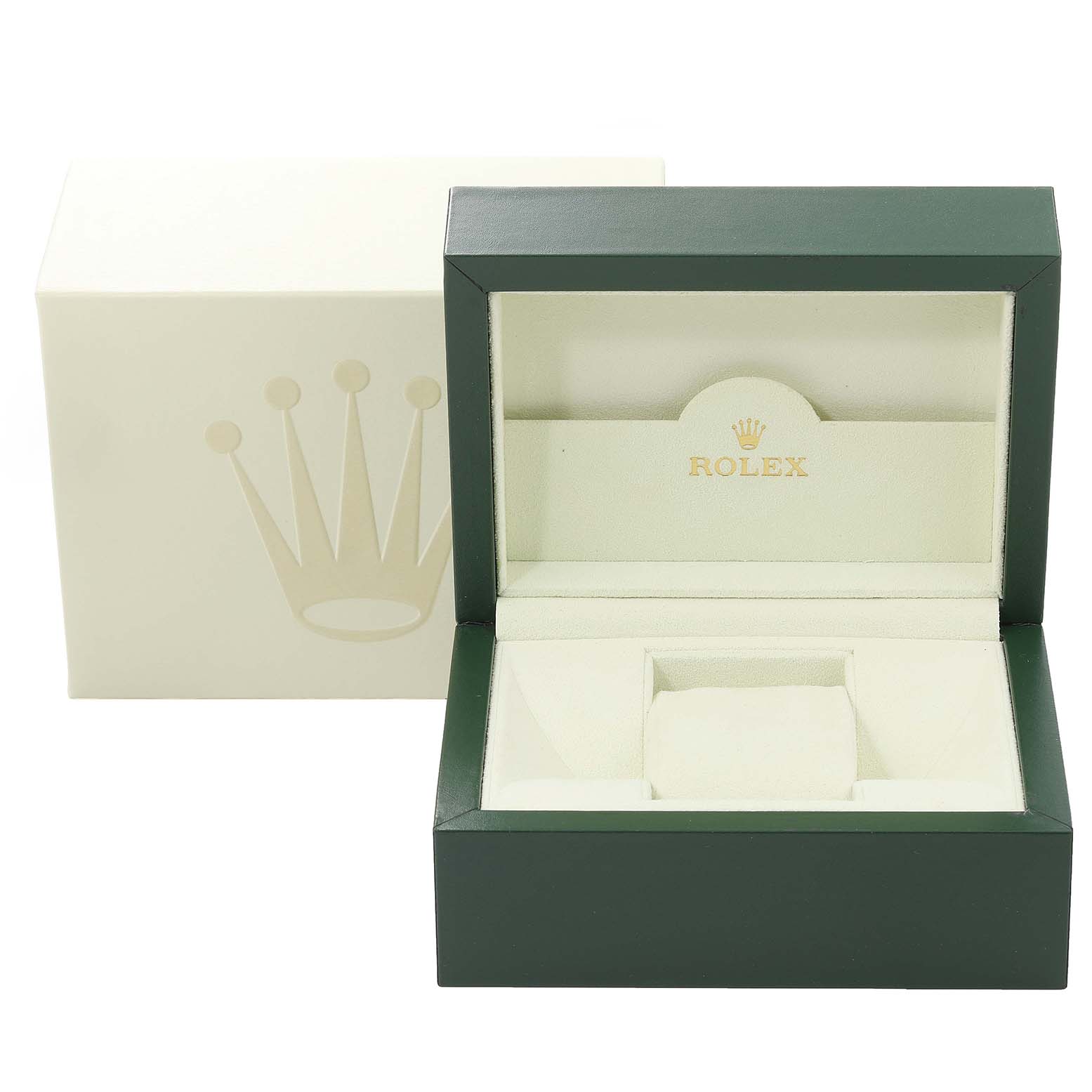 The image shows an open Rolex Turn-o-Graph 116264 Men's Stainless Steel Blue Dial 116264 Men's Stainless Steel Blue Dial watch box with the outer cover displaying the brand's logo.