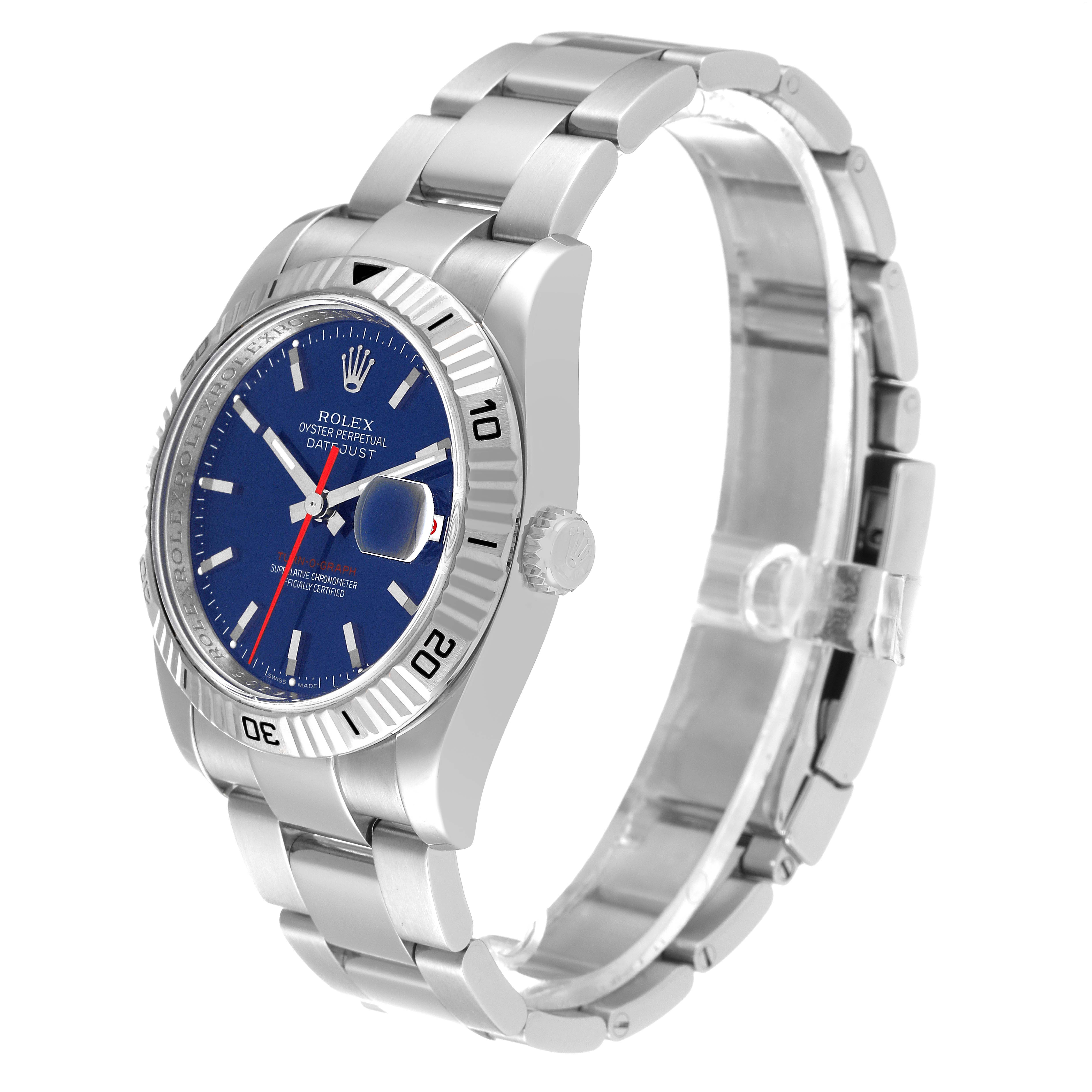 This image shows a Rolex Turn-o-Graph 116264 Men's Stainless Steel Blue Dial 116264 Men's Stainless Steel Blue Dial model watch at a slight angle, highlighting the dial, bezel, crown, and bracelet.