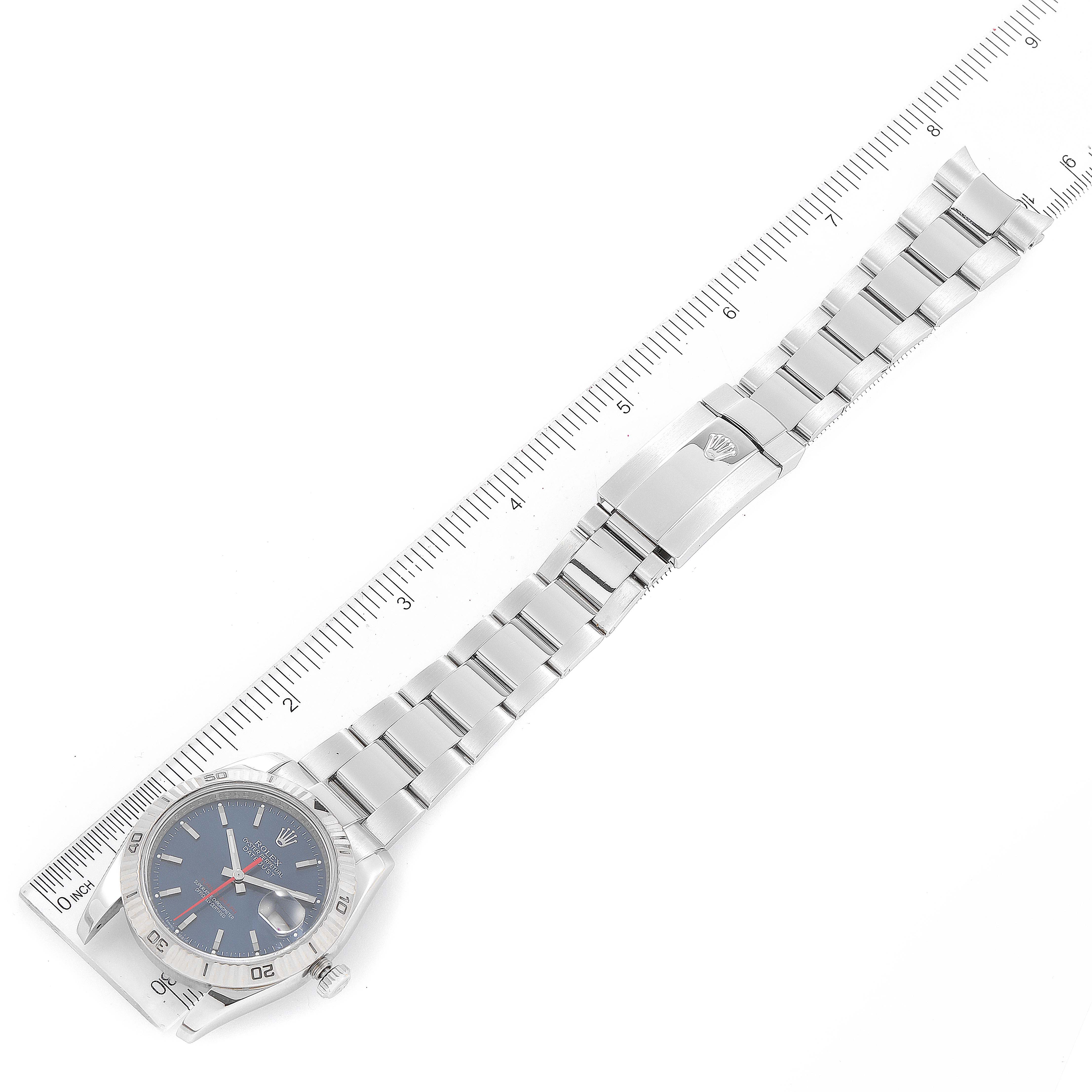 This image shows a Rolex Turn-o-Graph 116264 Men's Stainless Steel Blue Dial 116264 Men's Stainless Steel Blue Dial watch laid flat, displaying the entire length of the watch including its bracelet and clasp.